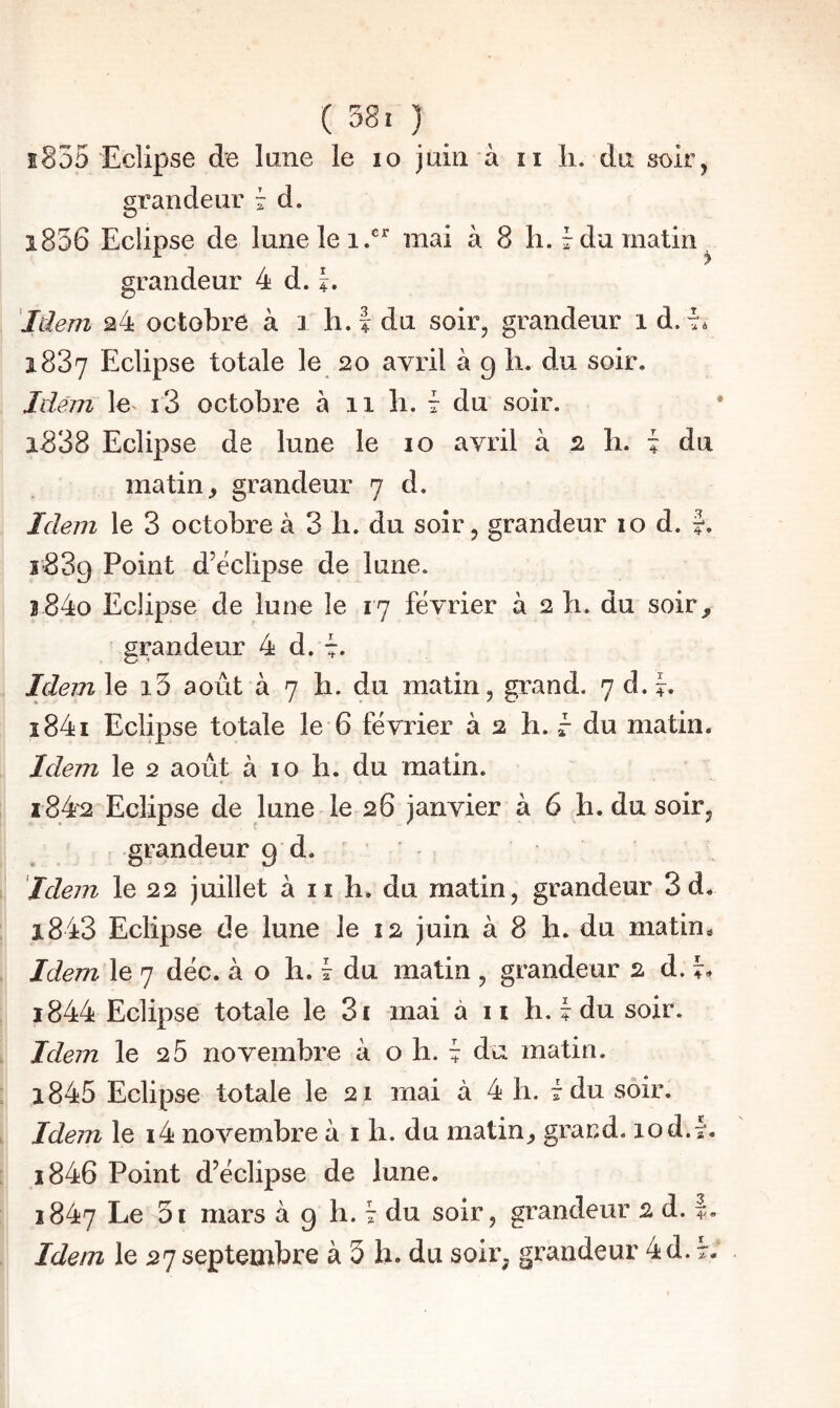 ( 58i ) s855 Eclipse de lune le lo juin à ii li. du soir, grandeur î d. i836 Eclipse de lune le mai à 8 h. 7 du matin, grandeur 4 d. Idem 24 octobre à 1 h.| du soir, grandeur 1 d. 7. 1887 Eclipse totale le 20 avril à 9 lu du soir. Jdéjn le i3 octobre à 11 li. 7 du soir. i838 Eclipse de lune le 10 avril à 2 li. i du matin^ grandeur 7 d. Idem le 3 octobre à 3 li. du soir, grandeur 10 d. J. 1889 Point d’éclipse de lune. iSéo Eclipse de lune le 17 février à 2 b. du soir, grandeur 4 d. Idem le i5 août à 7 h. du matin, grand. 7 d. J. î84i Eclipse totale le 6 février à 2 h. r du matin. Idem le 2 août à 10 h. du matin. i84'2 Eclipse de lune le 26 janvier à 6 h. du soir, grandeur 9 d. ’ Idem le 22 juillet à ii h. du matin, grandeur 3 d. 1843 Eclipse de lune le 12 juin à 8 h. du matin. Idem le 7 déc. à o h. 7 du matin , grandeur 2 d. 1844 Eclipse totale le 3i mai à n h. 7 du soir. Idem le 26 novembre à o h. 7 du matin. 1845 Eclipse totale le 21 mai à 4 h. 7 du soir. Idem le i4 novembre à i li. du matin^ grand, lod.f. 1846 Point d’éclipse de lune. Idem le 27 septembre à 3 h. du soir, grandeur 4d.