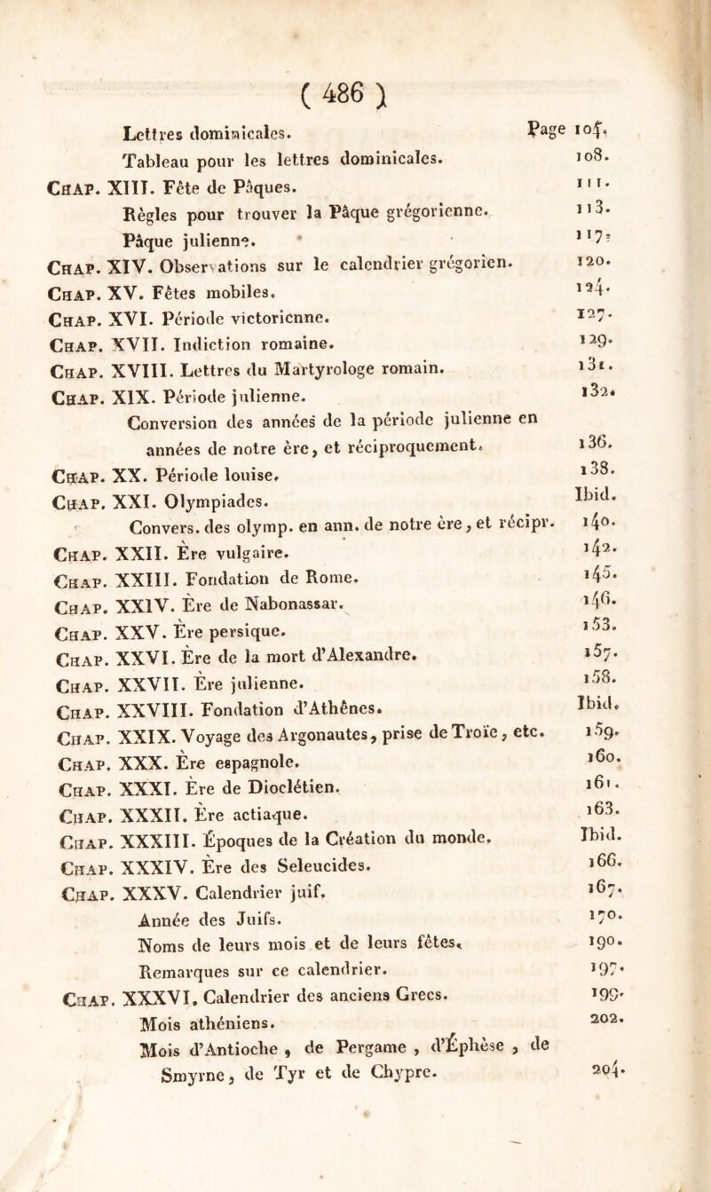 Lettres dominicales. *0^1 Tableau pour les lettres dominicales. J 08. ChAP. XIÏI. Fête de Pâques. * ' * • Règles pour trouver la Pâque grégorienne. n3. Pâque julienne. ’ Chap. XIV. Observations sur le calendrier grégorien. 120. Chap. XV. Fêtes mobiles, Chap. XVI. Période victorienne. Chap. XVII. Indictîon romaine. *^9' Chap. XVIII. Lettres du Martyrologe romain. ï3i. Chap. XIX. Période julienne. Conversion des années de la période julienne en années de notre ère, et réciproquement. i36. Chap. XX. Période Ionise. Chap. XXL Olympiades. Ibid, Convers. des olymp. en ami. de notre ère^ et récipr. \^o, Chap. XXII. Ère vulgaire. *4^* Chap. XXIII. Fondation de Rome. *45» Chap. XXIV. Ère de Nabonassar. Chap. XXV. Ère persique. Chap. XXVI. Ère de la mort d’Alexandre. 157. Chap. XXVII. Ère julienne. Chap. XXVIIï. Fondation d’Athènes. Ibid. Chap. XXIX. Voyage des Argonautes, prise de Troie, etc. 1 ^g. Chap. XXX. Ère espagnole. Chap. XXXT. Ère de Dioclétien. 161. Chap. XXXII. Ère actiaque. ^63. Chap. XXXITI. Époques de la Création du monde. Ibid. Chap. XXXIV. Ère des Seleucides. 166. Chap. XXXV. Calendrier juif. *^7* Année des Juifs. *7®* Noms de leurs mois et de leurs fêtes. 19°* Remarques sur ce calendrier. *97* Chap. XXXVI, Calendrier des anciens Grecs. *99* Mois athéniens. Mois d’Antioche , de Pergame , d’Éplièse , de Smyrne, de Tyr et de Chypre.