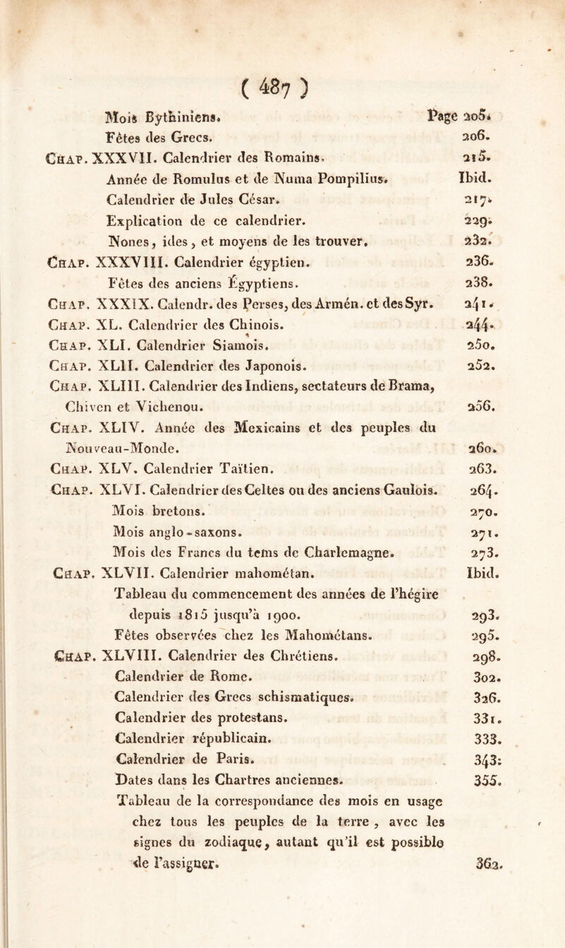 Mois Bÿthiniens. Page ^o5i Fêtes des Grecs. 206. Chap.XXXVII. Calendrier des Romains, 2*5. Année de Romulns et de Numa Pompiliiis. Ibid. Calendrier de Jules César. 217. Explication de ce calendrier. ^29; IVones, ides J et moyens de les trouver, âJs. Ch AP. XXXV HL Calendrier égyptien. 236. Fêtes des anciens Égyptiens. 238. Chap. XXXIX. Galendr. des Perses, des Armén. et desSyr. 241- Chap. XL, Calendrier des Chinois. 244* % Chap. XLI. Calendrier Siamois. 25o, Chap. XLII. Calendrier des Japonois. 262. Chap. XLIII. Calendrier des Indiens, sectateurs de Brama, Chivcn et Vichenou. 206. Chap. XLIV. Année des Mexicains et des peuples du Nouveau-Monde. 260» Chap. XLV. Calendrier Taïtien. 263. Chap. XLYI. Calendrier des Celtes ou des anciens Gaulois. 264. Mois bretons. 270. Mois anglo*saxons. 271. Mois des Francs du tems de Charlemagne. 273. Chap. XLVII. Calendrier mahométan. Ibid, Tableau du commencement des années de l’hégire depuis i8i5 jusqu’à 1900. 293. Fêtes observées chez les Mahométans. 2g5. Chap. XLVIII. Calendrier des Chrétiens. 298. Calendrier de Rome. 3o2. Calendrier des Grecs schismatiques, 826. Calendrier des protestans. 331. Calendrier républicain. 333. Calendrier de Paris. 343; Dates dans les Chartres anciennes. 355. Tableau de la correspondance des mois en usage chez tous les peuples de la terre , avec les signes du zodiaque, autant qull est possible \le l’assigner. 36,2.