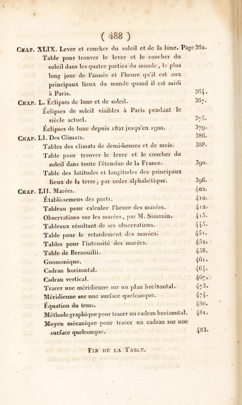 Chap. XLIX. Lever et coucher du soleil et de la lune. Page 362. Table pour trouver le lever et le coucher du soleil dans les quatre parties du monde , le plus long jour de l’année et rheure qu’il est aux principaux lieux du monde quand il est midi à Paris. 364» ChAP. L. Eclipses de lune et de soleil. Éclipses de soleil visibles à Pads pendant le siècle actuel. ^7^' Éclipses de lune depuis 1821 jusqu’en 1900. ojqo ChAP. LI. Des Climats. Tables des climats de demi-heures et de mois. 388. Table pour trouver le lever et le coucher dit soleil dans toute l’étendue de la France* 890. Table des latitudes et longitudes des principaux lieux de la terre^ par ordre alphabétique. 396. Ch AP. LU. Marées. Établissemens des ports. 4^®* Tableau pour calculer l’heure des marées. 4‘2* Observations sur les marées, par M. Simonin. 4*^” Tableaux résultant de ses observations. 44^* Table pour le retardement des marées* 4^’'” Tables pour l’intensité des marées. 452* , Table de Bernouilli. 4'^^* Gnoraonique. 4^ ^ * Cadran horizontal. 4^-1* Cadran vertical. 4^7* Tracer une méridienne sur un plan horîïonial* 47^' Méridienne sur une surface quelconque. 474* Éiquation du tems. 4^^* Méthode graphique pour tracer un cadran horizontal. 4^ * • Moyen mécanique pour tracer un cadran sur une surface quelconque. 4^^’ Fin de la Table