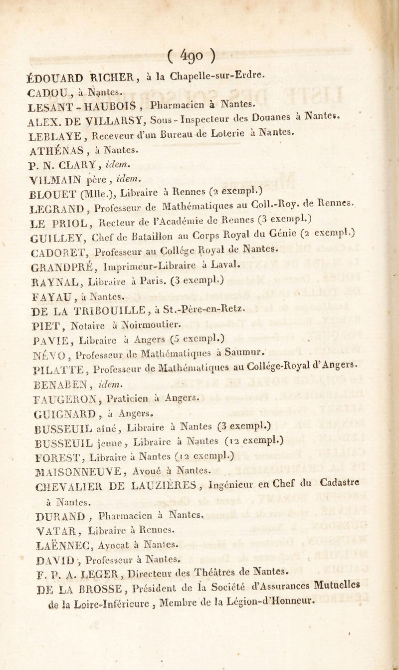 ( ^90 ) ÉDOUARD RICHER, à la Chapelle-sur-Erdre. CADOÜ , à Nantes, LESANT - HAUBOTS , Pharmacien à Nantes. ALEX. DE VILLARSY, Sous-Inspecteur des Douanes à Nantes. LEBLAYE , R.eceveur d’un Bureau de Loterie à Nantes. ATHÉNAS, à Nantes. P, N. CLARY, idem. VILMAIN père , idem. ELOUET (Mlle.)J Libraire à Rennes (2 exempl.) LEGRAND, Professeur de Mathématiques au Coil.-Roy. de Rennes. LE PRIOL, Recteur de l’Académie de Rennes (3 exempl.) GUILLEY, Chef de Bataillon au Corps Royal du Génie (2 exempl.) CADOREE, Professeur au College Royal de Nantes. GRANDPRÉ, Imprimeur-Libraire à Laval, RAYNAL, Libraire à Paris. (3 exempl.) FAYAU, à Nantes. , ‘ DE LA TRÏBOUILLE, à St.-Père-en-Retz. PIET, Notaire à Noirmoutier. PAYIE, Libraire à Angers (5 exempl.) NÉYO, Professeur de Mathématiques à Saumur. PÏLATTE, Professeur de Mathématiques au Collège-Royal d’Angers. BEN AB EN, idem. FAUGERON^ Praticien à Angers. GUIGNARD, à Angers. BUSSEUIL aîné. Libraire à Nantes (3 exempl.) BUSSEUIL jeune. Libraire à Nantes (12 exempl.) FOREST, Libraire à Nantes (12 exempl.) MAISONNEUVE, Avoué à Nantes. CHEVALIER DE LAUZIÈRES , Ingénieur en Chef du Cadastre à Nantes. DURAND , Pharmacien à Nantes. VATAR, Libraire à Rennes. LAËNNEC, Avocat à Nantes. DAVID 5 Professeur à Nantes. F. P. A, LEGER, Directeur des Théâtres de Nantes. DE LA BROSSE, Président de la Société d’Assurances Mutuelles de la LoireMnfcricurc , Membre de la Légion-d’Honneur.