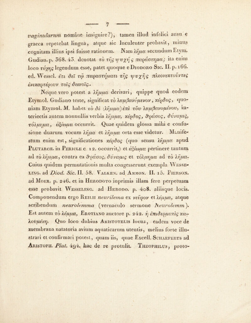 vaginularum nomine insignire?), tamen illud infelici ausu e graeea repetebat lingua, atque sic luculenter probavit, minus cognitam illius ipsi fuisse rationem. Nam /jjua secundumEtyra» Gudian.p. 568. 45. denotat to TfjgtfivyjJg nagaOTfjaa; ita enim loco Tvyjjg legendum esse, patet quoque e Diodoro Sic. II. p. 166. ed. Wessel. txv dei no TcaQaanjuan rrjg yjvyrjg TtkeovemovvTeg ivexaQTtgovv Tolg detvoig.. Neque vero potest a Irriga derivari, quippe quod eodem Etymol. Gudiano teste, significat to XagfiavejLievov, xtgdog, quo*» • niam EtyrnoL M. habet to dt ibrjgjuu) em tqv Xaufiavoglvov, ui- teriectis autem nonnullis verbis Xrjuua, xegdog, frgaoog, dvvaiug, roXfj&jfm, a^icoaa occurrit. Quae quidem glossa milii e confu- sione duarum vocum bijga et bfjgga orta esse videtur. Manife- stum enim est, significationes xegdog (quo sensu brjgga apud Plutarch. in Pericle c 12. occurrit,) et d^iojua pertinere tantum ad to bijuga, contra ea &QaGog^ dvvamg et %obgrjga ad to brjga- Cuius quidem permutationis multa congesserunt exempla Wesse- ling. ad UiocL Sic. II. 58. Ealken. ad Ammon. IL i5. Pierson. ad Moer. p. 2 416, et in Herodoto in primis illam fere perpetuam esse probavit Wesseling. ad 11 er odo. p. 4o8, aliisque locis. Componendum ergo Re ilii neurilema ex vevgov et begga, atque scribendum neurolemma (vernaculo sermone lS eurolemm). Est autem to bijuga, Erotiano auctore p. 2 42. fj imdeQgang xa-~ 'kovgevrj. Quo loco dubius Aristotelis locus, eadem voce de membrana natatoria avium aquaticarum utentis, melius forte illu- strari et confirmari potest, quam iis, quae ExcelL Schaeferus ad Aristopil Plui. 4q4. hac de re protulit, Theophxlus, proto-