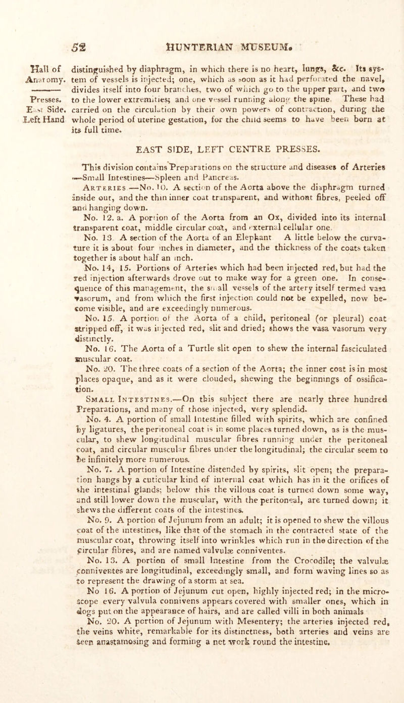 Hall of distinguished hy diaphragm, in which there is no heart, lungs, &e. Its sys» Anatomy, tern of vessels is injected; one, which as »oon as it had perforated the navel, ——— divides itself into four branches, two of which go to the upper part, and two Presses, to the lower extremities; and one vessel running along the spine These had E ->t Side, carried on the circulation by their own powers of contraction, during the Left Hand whole period of uterine gestation, for the child, seems to have been born at its full time. EAST SIDE, LEFT CENTRE PRESSES. This division contains Preparations on the structure and diseases of Arteries n—Small Intestines—.Spleen and Pancreas. Arteries —No. JO. A section of the Aorta above the diaphragm turned inside out, and the thin inner coat transparent, and withont fibres, peeled off and hanging down. No. 12. a. A portion of the Aorta from an Ox, divided into its internal transparent coat, middle circular coat, and external cellular one. No. 13 A section of the Aorta of an Elephant A little below the curva- ture it is about four inches in diameter, and the thickness of the coats taken together is about half an inch. No. 14, 15. Portions of Arteries which had been injected red, but had the red injection afterwards drove out to make way for a green one. In conse- quence of this management, the su all vessels of the artery itself termed vasa srasorum, and from which the first injection could not be expelled, now be- come visible, and are exceedingly numerous. No. 15 A portion of the Aorta of a child, peritoneal (or pleural) coat stripped off, it was injected red, slit and dried; shows the vasa vasorum very distinctly. No. 16. The Aorta of a Turtle slit open to shew the internal fasciculated muscular coat. No. 20. The three coats of a section of the Aorta; the inner coat is in most places opaque, and as it were clouded, shewing the beginnings of ossifica- tion. Small Intestines.—On this subject there are nearly three hundred Preparations, and many of those injected, very splendid. No. 4. A portion of small Intestine filled with spirits, which are confined hy ligatures, the peritoneal coat is in some places turned down, as is the mus- cular, to shew longitudinal muscular fibres running under the peritoneal coat, and circular muscular fibres under the longitudinal; the circular seem to he infinitely more numerous. No. 7. A portion of Intestine distended hy spirits, slit open; the prepara- tion hangs by a cuticular kind of internal coat which has in it the orifices of the intestinal glands; below this the villous coat is turned down some way, and still lower down the muscular, with the peritoneal, are turned down; it shews the different coats of the intestines. No. 9. A portion of Jejunum from an adult; it is opened to shew the villous coat of the intestines, like that of the stomach in the contracted state of the muscular coat, throwing itself into wrinkles which run in the direction of the circular fibres, and are named valvulae conniventes. No. 13. A portion of small Intestine from the Crocodile; the valvulis ,conniventes are longitudinal, exceedingly small, and form waving lines so as to represent the drawing of a storm at sea. No 16. A portion of Jejunum cut open, highly injected red; in the micro- scope every valvula connivens appears covered with smaller ones, which in dogs put on the appearance of hairs, and are called villi in both animals No. 20. A portion of Jejunum with Mesentery; the arteries injected red, the veins white, remarkable for its distinctness, both arteries and veins are Seen anastamosing and forming a net vrork round the intestine.
