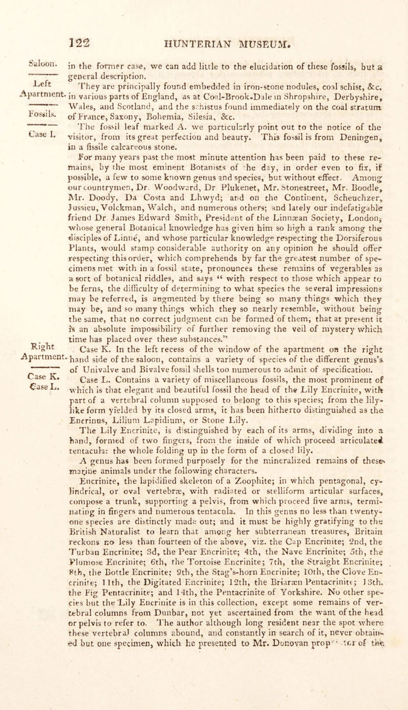 Saloon. .Left Apartment. fossil Case I. Right Apartment, Case K. Case L. in the farmer case, we can add little to the elucidation of these fossils, but a general description. They are principally found embedded in iron-stone nodules, coal schist, Sec. in various parts of England, as at Coal-Brook-Dale in Shropshire, Derbyshire, Wales, and Scotland, and the schistus found immediately on the coal stratum of France, Saxony, Bohemia, Silesia, &c. The fossil leaf marked A. we particularly point out to the notice of the visitor, from its great perfection and beauty. This fossil is from Deningen, in a fissile calcareous stone. For many years past the most minute attention has been paid to these re- mains, by the most eminent Botanists of he day, in order even to fix, if possible, a few to some known genus and species, but without effect.. Among our countrymen, Dr Woodward, Dr Plukenet, Mr. btonestreet, Mr. Boodle, Mr. Doody, Da Costa and Lhwyd; and on the Continent, Scheuchzer, Jussieu, Volckman, Walcb, and numerous others; and lately our indefatigable friend Dr James Edward Smith, President of the Linnsean Society, London* whose general Botanical knowledge has given him so high a rank among the disciples of Linne, and whose particular knowledge respecting the Dorsiferous Plants, would stamp considerable authority on any opinion he should offer respecting this order, which comprehends by far the greatest number of spe- cimens met with in a fossil state, pronounces these remains of vegetables as a sort of botanical riddles, and says “ with respect to those which appear to he ferns, the difficulty of determining to what species the several impressions may he referred, is augmented by there being so many things which they may he, and so many things which they so nearly resemble, without being the same, that no correct judgment can be formed of them, that at present it fs an absolute impossibility of further removing the veil of mystery which time has placed over these substances.” Case K. In the left recess of the window of the apartment on the right hand side of the saloon, contains a variety of species of the different genus’s, of Univalve and Bivalve fossil shells too numerous to admit of specification. Case L. Contains a variety of miscellaneous fossils, the most prominent of which is that elegant and beautiful fossil the head of the Lily Encrinite, with part of a vertebral column supposed to belong to this species; from the lily- like form yielded by its closed arms, it has been hitherto distinguished a9 the Encrinus, Lilium Lapidium, or Stone Lily. The Lily Encrinite, is distinguished by each of its arms, dividing into a hand, formed of two fingers, from the inside of which proceed articulated tentacular the whole folding up in the form of a closed lily. A genus has been formed purposely for the mineralized remains of these* marjne animals under the following characters. Encrinite, the lapidified skeleton of a Zoophite; in which pentagonal, cy- lindrical, or oval vertebrae, with radiated or stelliform articular surfaces, compose a trunk, supporting a pelvis, from which proceed five arms, termi- nating in fingers and numerous tentacnla. In this genus no less than twenty- one species are distinctly made out; and it must be highly gratifying to the British Naturalist to learn that among her subterranean treasures, Britain reckons no less than fourteen of the above, viz. the Cap Encrinite; 2nd, the Turban Encrinite; 3d, the Pear Encrinite; 4th, the Nave Encrinite; 5th, the Plumose Encrinite; 6th, the Tortoise Encrinite; 7th, the Straight Encrinite; 8th, the Bottle Encrinite; 9th, the Stag’s-horn Encrinite; 10th, the Clove En- crinite; 11th, the Digitated Encrinite; 12th, the Briarsen Pentacrinitt; 13th, the Fig Pentacrinite; and 14th, the Pentacrinite of Yorkshire. No other spe- cies but the 'Lily Encrinite is in this collection, except some remains of ver- tebral columns from Dunbar, not yet ascertained from the want of the head or pelvis to refer to. The author although long resident near the spot where these vertebra) columns abound, and constantly in search of it, never obtain- ed but one specimen, which he presented to Mr. Donovan prop1'1 -ter of the