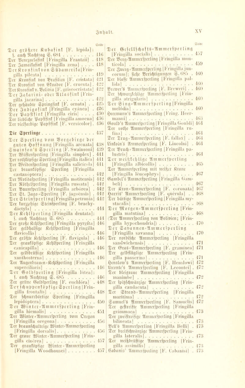 ^nljalt. Ser gröbere Kubafinf j. nurfj 91 ad) trag S. (iS 1 [F. lepida] Ser Söencjuclafint | Fringilla Frantzii] Ser Samaifafin! [Fringilla zcna| . . . S c v Jv r o n f i n t v o u S ü b a m c r t f a | Frin gilla pileata]. Ser Mvonfin! Don '-Brafilicn |F. cristata Ser Jlronfiut von ©fuabor | F. cruenta | Ser Jlronfiut v.'-Boliuia | F. griseocristata SerSafarini- ober ätlaSfinf [Frin gilla jacarina]. Ser geljäubte Springflut [F. ornata] . 2)er Jvnbigo fint |Fringilla cyänea| Ser fßapftfinf [Fringilla eins] . . . Ser liebliche Vapftfinf [Fringilla amoena Ser vielfarbige ^apflfinf [F. vcrsicolorj Sie Sperlinge. Ser Sperling Vom Vorgebirge ber gute n o f f n u it g | Fringilla arcuata | S tu ai n j o n ’ § Sperling [F. Swainsoni] Ser SBüftcnfpcrting [Fringilla simplex] . Ser roüjföpftgc Sperling | Fringilla italica | Ser SBcibenfpcvling [Fringilla salicicola| Ser braunföpfige Sperling [Fringilla casfcanoptera|. Ser DJlotitafperling [Fringilla motitensis] Ser SRöttjeljperling [Fringilla russata] . Ser Vaumjperling [Fringilla arböreaj . Ser St. Sago »Sperling |F. jagoensis] . SerStcinjpertingl Fringilla petronia | Ser turjjelpgc Steinjperling [F. brachy- däctyla]. S e r Jt e 1) l i p c r 1 i n g | Fringilla dentata]; f. audj tftadjtrag S. 085. Ser grobe Äeljlfperling [Fringilla pyrgita] Ser gelbljalfige ßeljlfperling [Fringilla flavicollis|. Ser gröbte ficljlfperling [F. fhmgula] . Ser grauföpfige ßcljlfperling | Fringilla canicapilla]. Ser gclbbriiftige föeljlfpcrling | Fringilla xanthosterna]. Ser äugenbrauen »ßefjljpcrling | Fringilla superciliaris]. Ser ©olbfperling |Fringilla luten|; j. and) 9tad)trng S. 085. Ser grüne ©olbjperling | F. euchlöra] . Serfcbuppenföpfige Sperling! Frin¬ gilla frontalis]. Ser fdjnurrbärtige Sperling [Fringilla lepidöptera|. Ser 2Binter»ämmerfperHng [Frin¬ gilla hiemalis] . Ser SBinter» ämmerfperling Vom Oregon [Fringilla oregona]. Ser braunjdjultrigc SEßintei-ämmerfperling [Fringilla dorsalis]. Ser graue SBinter» ämmerfperling |Frin¬ gilla cinerea]. Ser grauföpfige Hßinter - ämmerfperling [Fringilla Woodhousei]. £eitc 418 418 419 4-1 122 422 1-2 12:» 12(1 130 136 130 137 438 | 439 , 441 441 | 441 442 442 442 442 442 442 444 444 440 440 440 440 440 140 440 448 448 450 451 450 450 457 457 Seite Ser ©efeIIfd)aftS*ämmcrfpcrling [Fringilla socialis].4.>7 Ser Vcrg»ämmcr)pcrling | Fringilla mon- tlcola |.459 Ser Stvcrg» ämmcrfperling | Fringilla jun- corum |; fiel)c Verid)tiguugeit S.085 . 100 Ser blaffe ämmerjperling | Fringilla pal- lida’l.• • • 400 ©rctver’S ämmerjperling | F. Brewcri| . . 400 Ser jdpvarjfeljlige 'ämmcrjperliiig [Friu- gilla atrigularisj.400 Ser @ing»ämmer fperling |Fringilla melodia].400 .fteermmm’ä ämmerfperling |Fring. lleer- mauni|.403 ©oulb’S 'ämmerjperling | Fringilla Gouldi | 404 Ser rotlje 'ämmevjpevling | Fringilla ru- fina].401 Ser Srug»ämmerfpcrling |F. fullax| . . 404 ßintoln'S ämmerjperting [F. LincolniJ . 404 Ser SBrudj» ämmcrfperling [Fringilla pa¬ lustris] .404 Ser tue i b f c l) l i g e sämmcrfperltng [Fringilla albicollisj.405 Ser 'ätnmerfperling mit tveiber ftrone [Fringilla leucophrys].407 ©ambel’ä ämmerfperling [Fringilla Gam- beli].407 Ser Stron»'ämmerfperling [F. curonata] 407 §arri§’ ämmerfperling [F. querula] . . 408 Ser bärtige ämmerjperling | Fringilla my- stacalis].108 Ser 9Jforgcn = änt mcrfpcrling [Frin¬ gilla matutina].408 (Ser ämmerfperling Von '-Bolivien; [Frin¬ gilla hypochondria]).470 Ser Savannen» ä m nt e r f p c r l i n g [Fringilla savanua] .470 Ser norbifdjc ämmcrfperling | Fringilla sandwichensisl.471 Ser @ra§»'ämmcrfperling [F. gratninea] 471 Ser gelbflügltge 'ämmcrfperling [Frin¬ gilla passerfna |.471 IpenSlotu’S 'ämmevfpcrliug |F. Ilenslowi] 472 Veconte’ä 'ämmerfperling [ F. Lccontei] . 472 Ser bleigraue ämmerfperling | Fringilla manimbe].472 Ser fpi^jdjtoänjigc 'ämmerfperling | Frin¬ gilla caudacuta].472 Ser Stranb» ämmerfperling [Fringilla maritima].472 Samuel’S ämttterfperling [F. Samuölis] 472 Ser geftreifte ämmerfperling | Fringilla grammaca| .473 Ser ätneiftreifige ämmerfperling [Fringilla bilineataj .473 33eU’§ ämmerfperling [Fringilla Belli | . 473 Ser breitfdpuänäigc ämmerjperling | Frin¬ gilla lateralis].473 Ser meibbrüftige ämmerfperling | Frin¬ gilla assimilis]. . 473 , Gabanis’ ämmeijpnlittg [F. Cabanisi] . 173