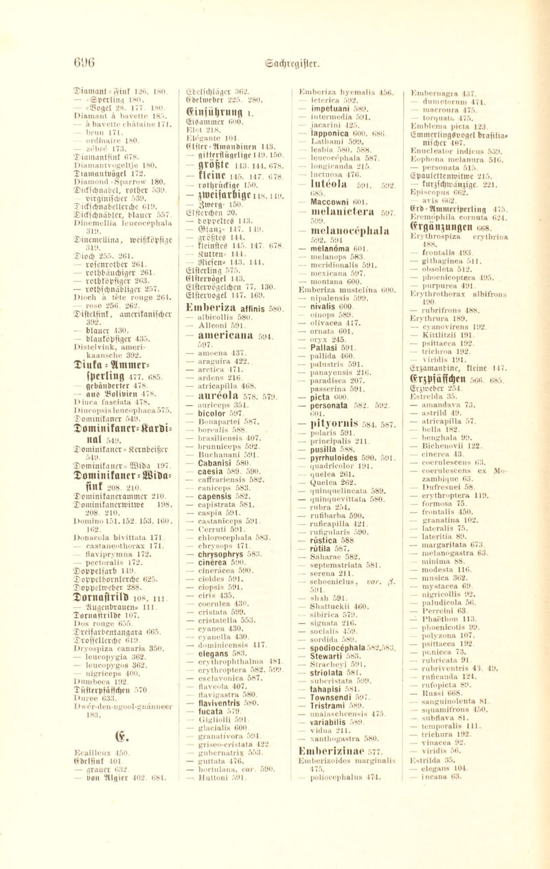 Siamant - ftinf 126. tso. — .«Sperling 180. — = Sßcgcl 28. 177 180 Diamant a bavetle 185. — a bavettn chälaine 171. briin 171. ordinaire 180. — zebrd 173. Dinmantfint (178. Diamantvogeltje 180. Tmmnutuöftfl 172. Diamond-Sparrow 180. ®i<f(d)nabel, rotljcr 530. mrginifdjer 539. Ditfidmabelterdjc 619. Di cfjdjndt'lcv, Malier 557. Dinemellia leucocephala 319. DinenteHina, reeifitöpftge 319. 2)10(1) 255. 261. — rofeiirotljer 261. — rotl)l’äu(i)iger 261. — rotbtöpfiger 263. — rotljirfjnäbliget 257. Diocli ä tote rouge 261. rose 256. 262. Diflelftnf, auierifantf djev 392. blauer 130. - blaufcpfiger 435. Distelvink, ameri- kaansche 392. Xiufa = fHmmeo fperling 477.685. grbäubrrtrr 478 - mic SBoIibien 478. Diuca fasciata 478. Diucopsisleucopliaea575. Donunif aller 549. Xomiitifnuct=ilarJii= Ital 549. Domintfaiter»Sernbeiticr 549. 35omiitifa ner = SBiba 197. Xomtnifancr - äßifta= ftttf 208. 210. rominifancrammcv 210. ‘X'ominifancrnntii'e 198. 208. 210. Domino 151.152. 153. 100. 102. Donacola bivittata 171. — castaneothorax 171. Haviprymna 172. — pectoralis 172. ‘Doppelfarb 149. ‘■Doppel bornierte 025. T'oppelirebet 288. Xornaftrilt) 10s. m. — Slugeubraueits in Dorna itrilbr 107. Dos rouge 655. 'Dreifarbentangara 665. DrofieUerdje 619. Dryospiza canaria 350. — leucopygia 362. — leucopygos 362. nigriccps 400. Dumbeea 192. Düfttrpfiiffdjen 570 Duree 633. Dwer-den-ugool-gminneer t*. Kcallleux 450. ttbclfinf 401 — grauer 632. doii Vllgier 402. 681. (Sbelfd)Iägcr 362. Cfbcliueber 225. 280. Ofinjiiljriiiin i. (SiSammer 600. Eiet 218. Eidgante 101. (Elfter ■ Slmniibiittii 113. — giUerflünclige 119.150. ffViißtc 113.141.678. — {{eine 145. 147.678. rotljriirfige 150. — jn)ctiaribif)cii8. ii9. — jgiocrg- 150. ölfterdjeii 20. — hoppelte« 113. — Olaiij- 147. 149. — größte« 141. - fleinftee 145. 1-47. 678. jiutten= in. - yüefen= 143. 141. (Slfterling 575. (flfterbögel 113. (Slfterubgeldjen 77. 130. (älflerboget 147. 169. Emberiza affinis 58o. — albicollis 580. — Alleoni 591. — americana 594. 597. — ainoena 437. — araguira 422. — arctica 471. — ardens 210. — atricapilla 408. aureola 578. 579. — auriceps 354. — bicolor 597. — Bonapartei 587. — borealis 588. — brasilien8is 407. — brunniceps 592. — Buclianani 591. Cabanisi 580. caesia 589. 590. — caffrariensis 582. — caniceps 583. — capensis 582. — capistrata 581. — caspia 591. — castaniceps 591. — Cerruti 591. — clilorocepbala 583. — chrysops 171. — chrysophrys 583. — cinerea 590. —- cineracea 590. — cioides 591. — ciopsis 591. — eins 435. — coernlea 430. — cristata 599. — cristatella 553. — cyanea 430. — cyanella 430. — dominicensis 417. elegans 583. — erythrophtlialma 181. — erythroptera 582.599. — esclavonica 587. — flaveola 407. tiavigastra 580. — flaviventris 580. — fucata 579. — Gigliolii 591. — glacialis 000. granativora 594. - griseo-cristata 422 — gubermitrix 553. — guttata 476. — hortulana, var. 590. — Uuttoni 591. Emberiza hyemalis 450. icterica 592. impetuani 589. intermedia 591. jacarini 125. lapponica 000. 080. — Latinum 599. - lesbia 580. 588. leucocephala 587. — longicauda 215. — luctuosa 170. lllteohl 591. 592 085. Maccowni 601. melauictera 5<j7. 599. mclauoccpliala 502. 504 — melanöma 601 — melanops 583. — mcridionalis 591. mexicana 597. — montana 600. Emberiza mustehna 000. — nipalensis 599. — nivalis 000 — oinops 589. — olivacea 417. — ornata 001. — oryx 245. — Pallasi 591. — pallida 400. — palustris 591. — panayensis 210. — paradisea 207. passerina 591. — picta 600. — personata 582. 592 001. — pityornis r.8i. 587. — polaris 591. — principalis 211. — pusilla 588. — pyrrhuloides 590. 591. — quadrieolor 191. - quelea 201. — Quelea 202. — quinquelineata 589. — quinquevittata 580. — rubra 254. — rufibarba 590. — ruficapilla 421. — rufigularis 590. — rustica 588 rütila 587. — Säharae 582. septemstriata 581. — serena 211. — schoeniclus, var. [}. 591. — sb rill 591. Sbattuckii 400. — sibirica 579. — signata 210. — socialis 459. sordida 589. spodiocephala 582.583. Stewarti 583. — Stracheyi 591. — striolata 581. — suberistata 599. tahapisi 581. Townsendi 597. — Iristrami 589. — unahischceusis 475. variabilis 589. vidua 211. — xanthogastra 580. Emhcrizinae r.77. Emberizoides marginalis 475. poliocephalus 174. Embertiagra 437. dumetorum 471. - macroura 475. torquata 475. Emblema picta 123. (Smmerliiiggeogel brafilta. nifdjer 407. Enucieatur indicus 531). Euphona melanura 516. — personata 515. (Spaulettennntiue 215. — furjfdjtDänjige. 221. Episrnpus 662. avis 662. lfrb ■ 'Kmmeriperliitg 475. Eremöphila cornuta 621. (fvflünjunpicn 668. Erythrospiza erytlirina 488. frontalls 493. — githaginea 511. — obsoleta 512. — phoenicoptera 495. — purpurea 491. Erytlirotliorax albifrons 190 — rubrifrons 488. Erythrura 189. — cyanovirens 192. — Kittlitzii 191. — psittacea 192. - tricliroa 192. viridis 191. lirjamaiibine, fleine 117. (frspiäffdjen 566 685. (Sr^rebcr 254. Estrelda 35. — amandava 73. — astrild 49. — atricapilla 57. — bella 182. — benghala 99. — Biclienovii 122. — cinerea 43. — coerulesceus 03. — coerulesceus ex Mo¬ zambique 03. — Dufresnei 58. — erythroptera 119. — formosa 75. — frontalis 450. — granatina 102. — lateralis 75. — latentia 89. — margaritata 073 — melanogastra 03. minima 88. — modesta 110. — musica 302. — mystacea 69. - nigricollis 92. — paludicola 50. — Perreini 03 — Phaiithon 113. - plioenicotis 99. polyzona 107. — psittacea 192. — punicea 73. — rubricata 91. — rubriventris 43. 49. - ruticauda 124. — rufopicta 89. — Kussi 008. — sanguinolenta 81. — squamifrons 450. — subtlava 81. — temporalis 111. — trichura 192. — vinacea 92. — viridis 56. Estrilda 35. — elegans 104. — incana 03.