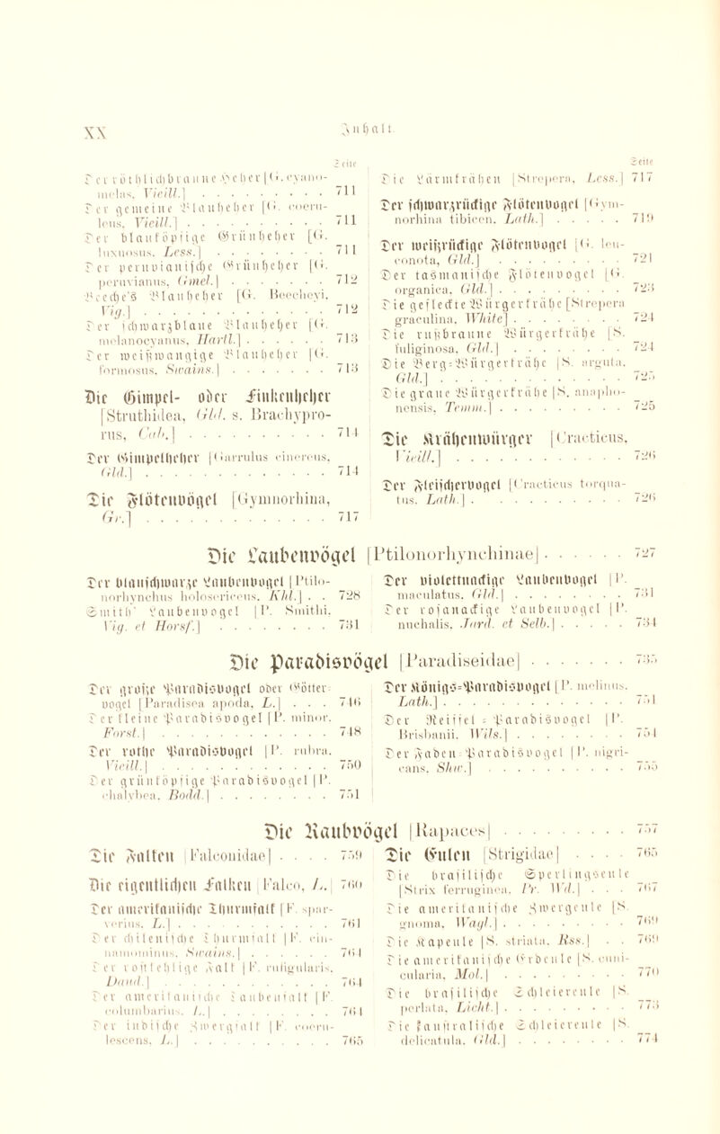 3 it 6 ci 11 2 eile r cv vo t ()lid)braune .gelier | (1. eyano- tnclas. Vicill.].711 Tee gemeine ÜMnufjeber [(>. (“oeni- U'iis. Vicill.].. '11 rev blauFöpfigc ©viint)ef)ev [(4. luxuosus. Less. |.”11 Ter p ein ui an i (cf> e ©rünljcljer |*'. ponivianus, Gtnel.\.'12 ••Hecdje’S k I a n () e () e v [G-. Beecbeyi. Vig.] ..- 712 ?ev jdjiuarjblaiie iM ntt Ij e e r \V. melanocyanus. Hartl.].716 Ter it>eif?u>ftitgtge 4Maut)e()er |(;. fnrmosus. Swains. |.< I 6 £lic (Simpel- oön* iiiilmtlicljce fStrutliiile.il, (HL s. Bradivpro- rus, CaL. ].714 ffV dillUH'llH'lH'V |(mutuIus cinereus, Gld.].714 Dir tflöti'iuuiiiel [Gymnorhioa, Gr.].717 Die ivaubeiu>ögd rrv tuaiiirtinuup' üinitinilmgel [l’tilo- norhynchus holosericous. Khl.\ . ■ 728 ©mitb' Vcuibenuogcl |1‘. Smithi. Vig. et Horsfi] .7551 3eite Tic iiinnfrcitjcn | Ströpern, Less. \ 717 rrv jfl|UHU\ivmfigi' ^(ötcnuogrl (<-»ym- norhina tibiccn. Lath].71!» rrv luriiinictigr JVlötritluiflrl [<■ lou- crinota, Gld. j .721 Ser taSmctttiidje g-lötenuogcl [(!. organica, GUI.].72.4 Tie gef 1 ecf te 2b ii rgc r f vii bc [Strepera graculina, White].724 Tie nt ji braune SBitrgerfvälje [S. fuliginosa, Gld. |.724 'Sie ©erg*‘Würger fräfjc [S. argnta. Gld.] 72.7 Die gvane Witrgcrfriilte |S. anaplio- nensis, Te»nn.\.725 Die .sunlicimuivfliT |<'nic.tkus, Vicill.].72«» rrv JytciirtlCVÜ0nCl [Vractious torqna- tus. Lath.].726 | Ptilonorhyncliinaej.727 Trv uiolcttmufigr Viutbeubogrl |P. maculatus. GUI. |.741 rer rofanaJige Vaubeuuogcl |l’. nuchalis, Jard. et Selb. |.744 Die parabierögel |iJ aradiseidae tri gvoi;r s^imiöisuofli’l ober ««ötter Dogel | I’araclisoa apocla, L.\ ... 74t» Ter flehte 'pavabionogel [P. minor. Forst. |.'.748 Tw votlir 'l'iivaiUC'Uogii I1’ rubra. Vicill. |.75U r e v g v i i n f ö p f i g e 'p o m b i § u o g e l 11 *. rhnlvbea. Bodd. I.771 rrv Mömg*=sprtvnt>i*in'grl 11’. molimis. Lath.]'..771 rer jReiiicl = 'pavabiänogcl |P. Brisbanii. Wils. ].7a I Tev a be n 'b a r a b i § u o g e 1 11 ’. nigri¬ cans. Shw.\.775 Die Dif fairen I FalconidaeI • Hie riiifiitlidifii irtllicu Fako, Kaubröijel |R apaces| . ■ . . 77*i Die (vitleit [StrigiilaoJ L. 760 r i e b r a f i 1 i j d; e | St rix femtginen. © p c v 1 i n q *5 e Pr. 117/. I • n 1 e rrv amevtfnittiriir Ilitmuinif | F. spnr- vorius. L. |.761 rev cbilenijcbe ilturminll | F. e-in- mimiiniiniis. Swains. \.7<> I r er v o ft t c 1) I i g e ,'vftlf | F. ruligularis. Daud. |.764 rev amcvitaniiebe I aubeiiialf | F. CiOlumbaritiN. |.7<> I rev inbijdje pnergialf | F. coeru- lescens. L.\.765 rie atuerifanijche pu er ge ule |_S gm mm. Wagt. |. r ie ftapeule |S. striata, liss. \ . . r i e a nt e v i fnn i j cl) e ('• rb c n I c [S. cuni- oularia, Mol. \. rie b v a f i (i j et; c © d)l et er eitle |S. perlnta, Licht.]. rie 5 a n it v a I i i et) e ©d; leiere ule |S. tlelicatula, Gld. |. / •> i 7 67 76/ 7 6!» 76‘i 77(1 774 774