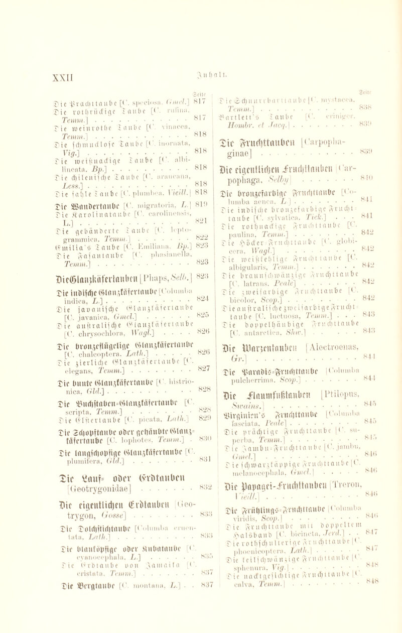 i!-) > / J Ct > 'n ^ 3 n f) n 11. ^ctlc ic -pradit taub c [C. speciosn. (!mel.] ic votbriicfigc Jaubc rufinsi. Temm. 1.8' ie loeiuvotbe I aube [C. vinaecn, Temm.].818 ic fdimudloic Daube [<’. imn-nata. Vig.] 818 ic loctpuacfigc raube [C. nlbi- lincftta. Bp.].8I8 ic d)ilcniirf)e Daube [C. aruuouna, LcSS.]. 818 ic ialjlc i aitbe [•'. plumbon. \'ieill.\ 818 if SSmtöCVtnubi' [C. niigratoria, L.\ Hin ic Äaroliuataubc [C. carolinonsis, L.].821 Tie gebünbcvte iaubc [C. bplo- granirnicu. Temm.].822 (fmilia'ö Daube [(’. Kmiliann. Bp.] 823 Die ,vai au inube [<’. phasianclla. Temm.].823 | Xiic^laujhntcrta»be»[Pbaps, . | 82:1 Die tnöifd)cWlnu^nfcvtnulic[Ouimni»a iudica, L.].823 Die j a u ctu i {d) c («1 an jf fiten n 11 bc [(_'. javaniea. Gmel.] .82i> Die auftra 1 ijd;c QHciHjfüfertaube chrysochlora, Wugl.] .... 826 I Die bvoitijefliififlifle Wlitujffifcvtfliibr [0. chalcoptora. Lftth.].828 Die jierIid)e («Innjfdfevtaube [<‘. ^ j Die bunte b>>lnn,tfäfevtnutu' [<'. histrio- nica. GUI] ..828 Die 'Duriiitaben--tV)lan(\fnrevtiuibe [<’. scripta, Temm.].. • ■ 828 Tic (t’litcvtciube [C. picatn. Lolli.j 82H Die 2rf|übftmtbe ober geliiiubteWlnu^ fäfevtnubc [0. lophotes. Temm.] ■ 8H<> Die langjriiopnflc Wlaujfnfevtnube [C. pluxnil’era, GUI.].83 ‘ £ic \*nuf= oöcv (yvötnubcu [Geotrygouidae] .832 Die ciifriitlid)ru (EfMaubcu Geo- trygon, Gosse].833 Die DoldlitiflltllUbe [Columba enioii- tata. Lcitli.].833 Die blauföpfige über Miibotnube ' cyanoccphala. L-].8;i;> Die Crb taube uon yamai 1 o [('. cristata. Temm.].HUT Die ©evgtltltbe [C. raontnna, L.] ■ ■ H37 Seite Die ©d;u u v vbav i i n ubc |1'. mvstneea. Temm.].838 'Dartlett’s iaubc [C. mniger. Hombr. et .Lieg.].8i>,:t Sie ^vuri)ttrtuben |Carpoplia- ginae].833 Die ctiycnlltrijcii Jnid)tlniil)cn < ar- pophaga, Selby\ .8!0 Die bvoujcfnt'bifle iyvudittiuibc lumba aenca, L].. • • 83* Die i u b i [ d; c b v o n j e f«v b i g c a r u d; i taube [C. sylvutica. Tick.] ■ ■ • 83' Die rotf)nartige Avudittaube [< • panlina. Temm.].; 832 Die DödevAvril d)t taube [C. globi- ccra. Wagl.] .832 Die io c i jt t e li 1 i g c a r u di t tau b e [C. albigularis, Temm.].832 D ie brauuidiioaujigc Ävudjt taube [C. latrans. Peale].832 Die 5 io ei farbige ,vrurf)ti aube |C. bicolor, Scop.] • ■•••• ■ ■ 832 Die auftvalif d)e jioc ifarbige atud)t taube [<■• luctuosa, Temm.] ■ • • 833 Tie boppel()dubige ftr acht taube [('. antnrctica. Shiv.].83-> Dir UlarjciUnnbeii ! Aiectroeims, Gr.) ..831 Die sl3nvttbi$=$vud)ttaHbe | Columba pulcherrima. Scop.].833 Die iFinninfulHöitben [Ptilopus, Swains. .833 ©ivfliniflt’ö TvVUrijttrtllUe [Culniuba fasciata, Peale].83-> Die pväd)tigc ^vud)ttaubc |C. su- perba, Temm.].. • • ■ 8 81 Die \ a 111 b 11 -- fy r 11 cb 11 a 11 b e [C. jambu, Umei.] . • • • • ^.; 833 Tief cl) 10 a v 51 ii p p i g e a r u cb 11 a 11 b c j < • mclanoceplnila. Gmel. |.83(' Die Öfliiaiiei-fvudittnnbeu iTrcron, I 'teil!.].8J,i Die ■Jvviit)liunö=JVvtid)ttiuiUc toiumbu viridis. Scop.\.833 Die Ariidjttaubc 11111 hoppelte 111 .s> a 1 öb a 11D [C. bieiiictii. .Tei'd.] • 811 D i c v 01 b f cf) 1111 e v i g c a v 11 d) 11 a u b e | < _ phoenicoptcrn, Latli. |.8 *1 Die feilfd)iuäii)igc [yvudittaube |C splienura. Vig. |.. 8 8 Die 11 a cf t g c f i d) t i g e a v 11 dj 11 a 11 b e | ( colva, Temm. |.8^8