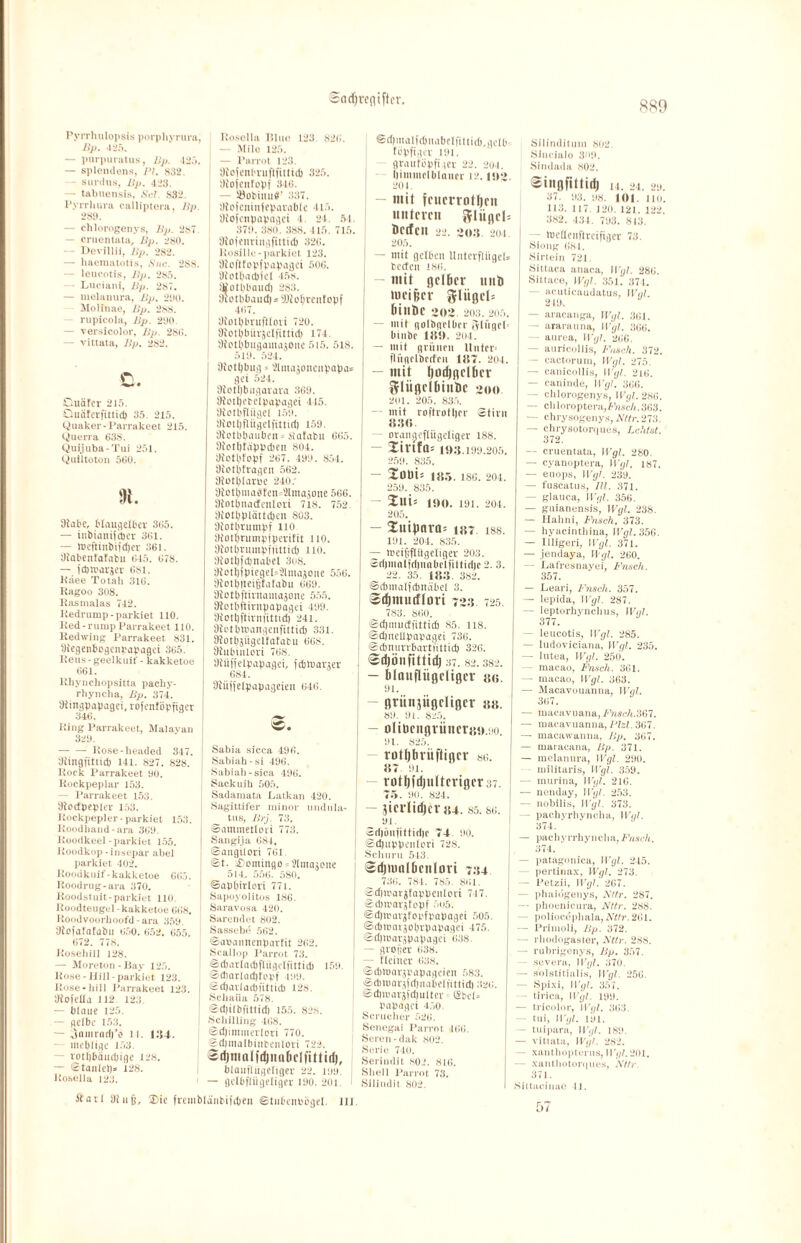 SS9 Pyrrhulopsis porpli vrura, Up. 425. — purpuratus, Up. 425. — splendens, PI. 832. - surdus, Up. 423. — tabuensis, Sei. 882. Pyrrhura calliptera, Up. 289. — chlorogenys, Up. 287. — cruentata, Up. 280. — - Devillii, Up. 282. — haematotis, Snc. 2SS. - leucotis, Up. 285. — Luciani, Up. 287. — melanura, Up. 290. Molinae, Up. 288. rupicola, Up. 290 — versicolor, Up. 28G. — vittata, Up. 282. c. Ouöfer 215. Ouäferftttid) 35. 215. Quaker-Parrakeet 215. Querra 638. Quijuba-Tui 251. Qulltoton 560. 91. Stabe, blaugelber 365. — inbiattifdjer 361. — loefttnbifdjer 361. iKabentafabu 645. 67S. — idjmarjer 681. Kaee Totali 316. Kagoo 308. Rasmalas 742. Redrump-parkiet 110. Red-rurup Parrakeet 110. Redwiug Parrakeet 831. Stegenbogenpapagei 365. Heus - geelkuif - kakketoe 661. Rliynchopsitta pacliy- rhyncha, Up. 374. Siingpapagei, rofenföpfiger 346. Ring Parrakeet, Malayan 329. — — Rose-headed 347. Otingfittid) 141. 827. 828. Rock Parrakeet 90. Rockpeplar 153. — Parrakeet 153. Siocfpepler 153. Rockpepler-parkiet 153. Roodhand-ara 369. Roodkeel- parkiet 155. Roodkop -insepar abel parkiet 402. Roodkuif-kakketoe 665. Roodrug-ara 370. Roodstuit-parkiet 110. Itoodteugel • kakketoe 668. Roodvoorhoofd-ara 359. Stofatafabu 650. 652. 655, 672. 778. Rosehill 128. — Moreton-Bay 125. Rose-Hill-parkiet 123. Rose •liill Parrakeet 123. Dlofcüa 112 123 — blaue 125. — gelbe 153. — jnmratb’e 11. 134. mehlige 153. — votlibäudiige 128. — Stanletp 128. Roselia 123. Rosella lllue 123 826. — Milo 125. — l’arrot 123. 3to(enbruftfitticb 325. SHofeitfopf 346. — 33obinu@’ 337. Iftofcninfeparable 415. 9to(enpapagei 4. 24. 51. 379. 380. 388. 415. 715. thofenriiigfittid) 326. Rosille-parkiet 123. iltoftfopfpapagei 506. 'Jiotb.idiicl 158. lEotbbaud) 283. Stotbbaudjs 9Dto§venfopf 467. iHotbbruftlori 720. 9totbbitr}cIfUti(b 174. 9iotbbugamajOne 515. 518. 519. 524. | 9iotl)bug 5 'llntajouenpapas get 524. 9totl)bugarara 369. SRotbebclpapagei 415. SRotbfliigel 159. äliotljfüigeljittid) 159. {Rotbbaubens Safabu 665. Stotbtäppdien SOI. Ihotbfopf 267. 499. 854. Dtotbtragen 562. Diotljlan'e 240; 9iotbmadfen=21masone 566. 8toti)tiadenIori 718. 752. 9iotl)plättd)en 803. Stotbrumpf 110 Dtotl)rumpiperifit 110. 9totbrumpf|ittid) 110. 3iotl))dmabel 30S. 9iotl)fpu'geP21majone 556. Stotbiieifjfafabu 669. i SRotbftitnamajone 555. SRotbftirnpapagei 499. t)fotl)ftirnfittid) 241. j 9tetl)t»angenftttid> 331. WotbjiigeUatabu 668. Siubtulori 768. ] 'Jiüffelpapagci, ftbinaner I 684. j Öiüffelpapageiett 646. I Sabia sicca 496. j Sabiah-si 496. 1 Sabiah-sica 496. ( Sackuib 505. I Sadamata Latkan 420. Sagittifer minor tindula- | tus, Urj 73, ©ammetlori 773. Sangija 081, ©angtlori 761 ©t-_ üomingo = Jlmajone 514, 556. 580. ©appirleri 771. Sapoyolitos 186. I Saravosa 420. I Sarendet 802. Sassebe 562. ©abannenparfit 262. Scallop Parrot 73. ©djarlacbflügelftttid) 159. I ©diarlndjtopf 199. Sd)arlad)fitti(b t2s. Schaüa 578. ©d|ilbfittid) 155. 82s. Schilling 468. ©dpmmerion 770. Sdimalbinbenlori 722. Sdjmolfdjnabelfittidj, blanfliigeliger 22. 199. ; — gelbflügeliger 190. 201. ! Äati 8iujj, 2>ie fremblänbifdien ©tiibeimiigel. IIJ { @d)malfdjuabelfittid>,gelb fepfigcv 191. grauföpfiger 22. 204. himmelblauer 12. !<)•>. 201. mit feuerrotben itntcvcn ftlügcl= Seifen 22. 203 204 205. — mit gelben Untevfliigels beeten 186. mit gelber utiS meiner Flügel* ÖilltlC 2 0 2 203. 205. mit golbgclber Flügel' binbe IBS). 204. — mit grünen Unter* flügelbcefen 187. 204. — mit bodjgelber ^liigelbinSe 200 201. 205. 835. mit roftrotlicr Stirn 8.3«. orangeflügeliger 188. — JiVlfa: 193.199.205. 259. 835. — 2üUU |85. 186. 204. 259. 835. — 2lti= 190. 191. 201. 205. — 2ui|)nra= ist iss. 191. 204. 835. — meififlügeliger 203. Sriimolidjnabelfittidje 2. 3. __ 22. 35. 183 . 382. ©cbmalfdmäbet 3. Sdjmutflori 723. 725. 783. 860. ©djmutfjittid) 85. 118. ©djnellpapagei 736. ©dmurrbarttitticb 326. SdjÖllfittidj 37. 82. 382. — blaufliigcliger 8«. 91. nrünjüfldiflcv »». 89. 91. 825. — olit)engrüner89.9o. 91. 825. rott)brüftigev ho. 87 91. rotljfdjuttcriger 37. 75 . 90 . 824. — jieiiidjeV84 . 85. so. 91. Sd)önfittid)c 74 90. ©djuppentori 728. Schum 543. ($d)UinlbcnIovi 734 736. 784. 785, 861. ©djmarjfappenlori 717. ©dnrargtepf 5o5. ©dimarjfopfpapagei 505. ©dnuntjobvpapagei 475. ©djibavjpapagei 638. — grofter 638. — Heiner 638. ©dimargpapageien 583. ©cbmargfdinabetftttid) 326. ©(ftmarjfdiuiter ©bei» Papagei 450. Scrucher 526. Senegal Parrot 466. Seren-dak 802. Serie 740. Serindit 802. 816. Shell Parrot 73. Siiindit 802. Silinditum 802. Sincialo 309. i Sindada 802. ‘»innftttidj 14. 24. 29. 37. 93. 98. 101. 110. 113. 117. 120. 121. 122 382. 434. 793. 813. loellenftreifiger 73. Siong 684. Sirtein 721. Sittaca anaca, IVgl. 286. Sittace, Wgl. 351. 371. — acuticaudatus, IVal. 2(9, aracanga, Wgl. 361. — ararauna, Wgl. 366. — aurea, Wgl. 266. — auricollis, Fasch. 372. — cactorum, Wgl. 275. — canicollis, Wgl. 216. — caninde, Wgl. 366. — chlorogenys, Wgl. 286. — chloroptera, Fnsch.363. — chrysogenys, Nttr. 273. — chrysotorques, Lchtst. 372. — cruentata, Wgl. 280. — cyanoptera, Wgl. 187. — euops, Wgl. 239. — fuscatus, III. 371. — glauca, Wgl. 356. — guianensis, Wgl. 238. — Hahni, Fnsch. 373. — hyacinthina, Wgl. 356. — Illigeri, Wgl. 371. — jendaya, Wgl. 260. — Lafresnayei, Fnsch. 357. — Leari, Fnsch. 357. — lepida, Wgl. 287. — leptorhynchus, Wgl. 377. — leucotis, Wgl. 285. — ludoviciana, Wgl. 235. — lutea, Wgl. 250. — macao, Fnsch. 361. — macao, Wgl. 363. — Macavouanna, H’pl. 367. — macavuana, Fnsch.367. — macavuanna, Plzl. 367. —- inacawanna, Up. 367. — maracaua, Up. 371. — melanura, Wgl. 290. militaris, Wgl. 359. — inurina, Wgl. 216. — nenday, Wgl. 253. — nobilis, Wgl. 373. - pachyrhyncha, Wgl. 374. — pachyrrhyncha, Fnsch. 374. — patagonica, 11 'gl. 245. — pertinax, Wgl. 273. — Petzii, Wgl. 267. — phaidgenys, Nttr. 287. — phoenicura, Nttr. 288. — poliocdphala, Nttr. 261. — Primoli, Up. 372. — rhodogaster, Nttr. 288. — rubrigenys, Up. 357. severa, Wgl. 370. — solstitialis, Wgl. 256. - Spixi, Wgl. 357. - tirica, Wgl. 199. — tricolor, Wgl. 363. — tui, Wgl. 191. — tuipara, Wgl. 189. — vittata, Wgl. 282. — xantboptems, ll';;1.201. — xanthotorques, Nttr. 371. Siltacinae 11. Ol