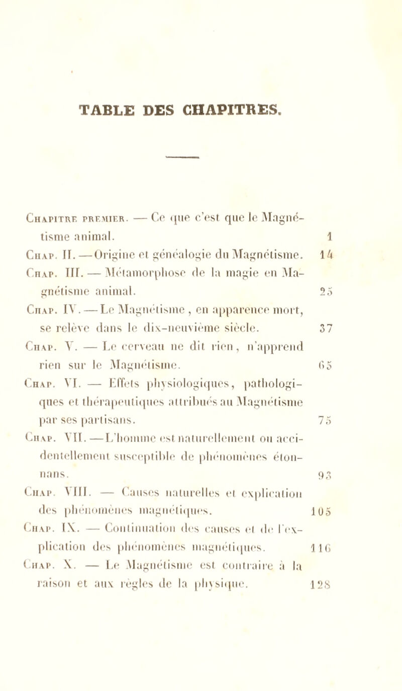 TABLE DES CHAPITRES. Chapitre premier. —Ce que c’esf que le Magné- tisme animal. 1 Ciiap. If. —Origine et généalogie du Magnétisme. 1 U Chap. Tir. — Métamorphose de la magie en Ma- gnétisme animal. 35 Ciiap. IV. —Le Magnétisme , en apparence mort, se relève dans le dix-neuvième siècle. 37 Ciiap. V. —Le cerveau ne dit rien, n’apprend rien sur le Magnétisme. ('>5 Chap. VI. — Effets physiologiques, pathologi- ques et thérapeutiques attribués au Magnétisme par ses partisans. 75 Chap. VIL —I/homme est naturellement ou acci- dentellement susceptible de phénomènes éton- nans. 93 Ciiap VIII. — Causes naturelles et explication des phénomènes magnétiques. 105 Chap. IX. — Continuation des causes et de l'ex- plication des phénomènes magnétiques. LIG Chap. X. — Le Magnétisme est contraire à la raison et aux règles de la physique. 12 S