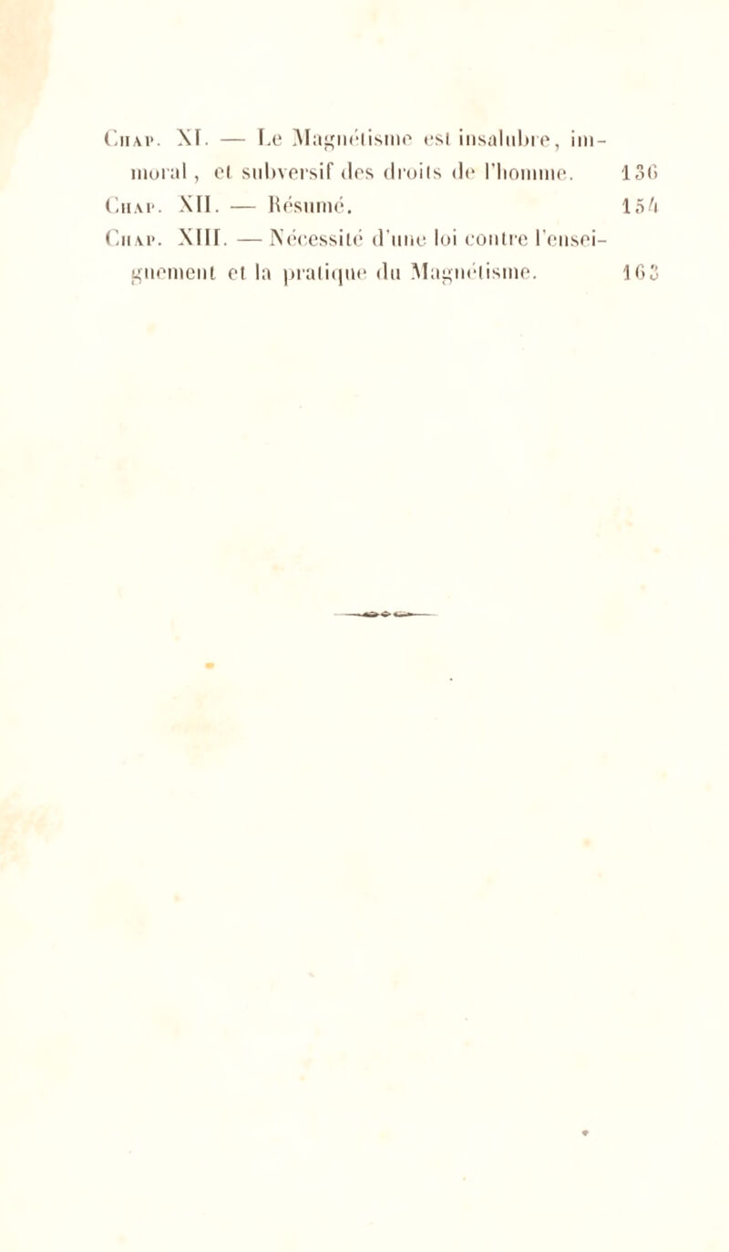 Chai». XI. — Le Magnétisme est insalubre, im moral, cl subversif des droits de l'homme. Cha.p. XII. — Résumé. Cnai*. XIII. — Nécessité d’une loi contre l cnsei guement ei la pratique du Magnétisme.