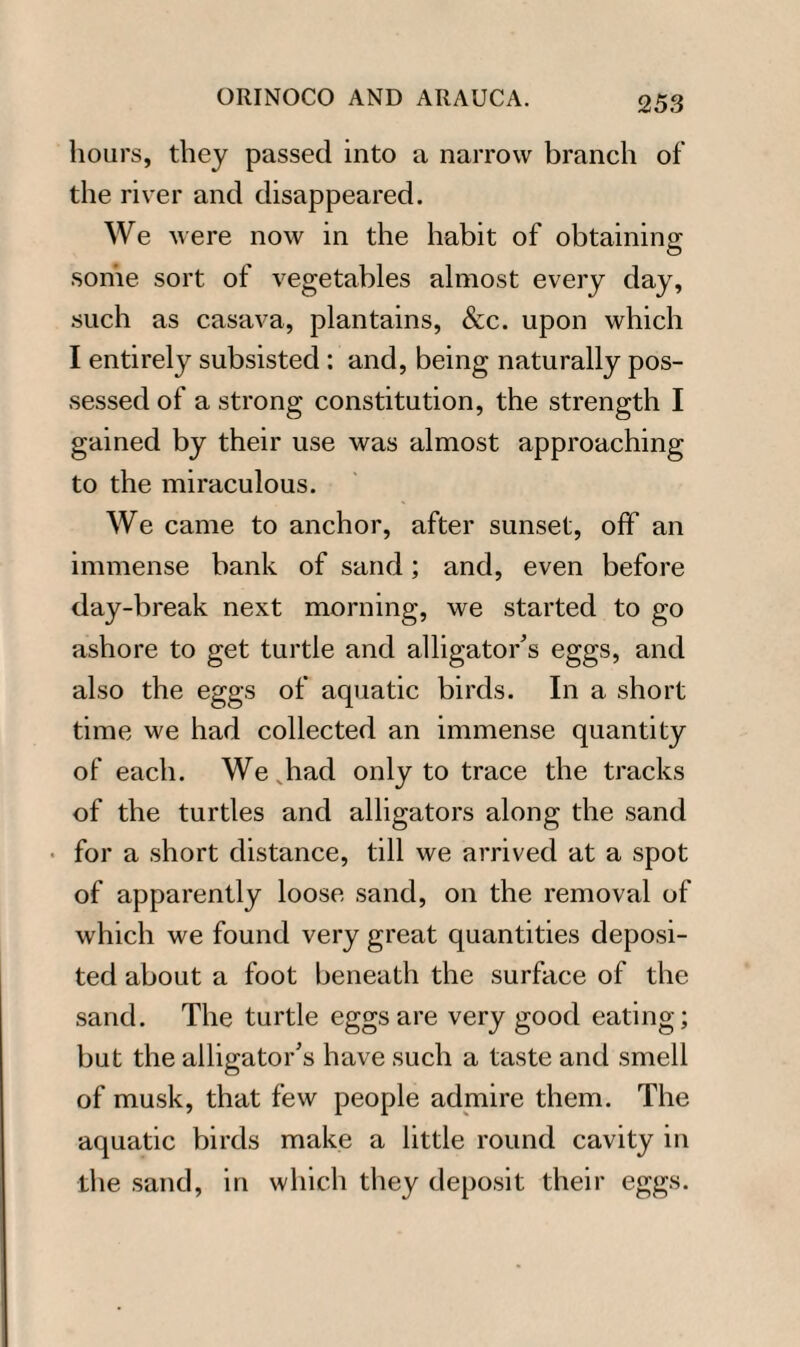 hours, they passed into a narrow branch of the river and disappeared. We were now in the habit of obtaining some sort of vegetables almost every day, such as casava, plantains, &c. upon which I entirely subsisted : and, being naturally pos¬ sessed of a strong constitution, the strength I gained by their use was almost approaching to the miraculous. We came to anchor, after sunset, off an immense bank of sand; and, even before day-break next morning, we started to go ashore to get turtle and alligator's eggs, and also the eggs of aquatic birds. In a short time we had collected an immense quantity of each. Wejiad only to trace the tracks of the turtles and alligators along the sand for a short distance, till we arrived at a spot of apparently loose sand, on the removal of which we found very great quantities deposi¬ ted about a foot beneath the surface of the sand. The turtle eggs are very good eating; but the alligator's have such a taste and smell of musk, that few people admire them. The aquatic birds make a little round cavity in the sand, in which they deposit their eggs.