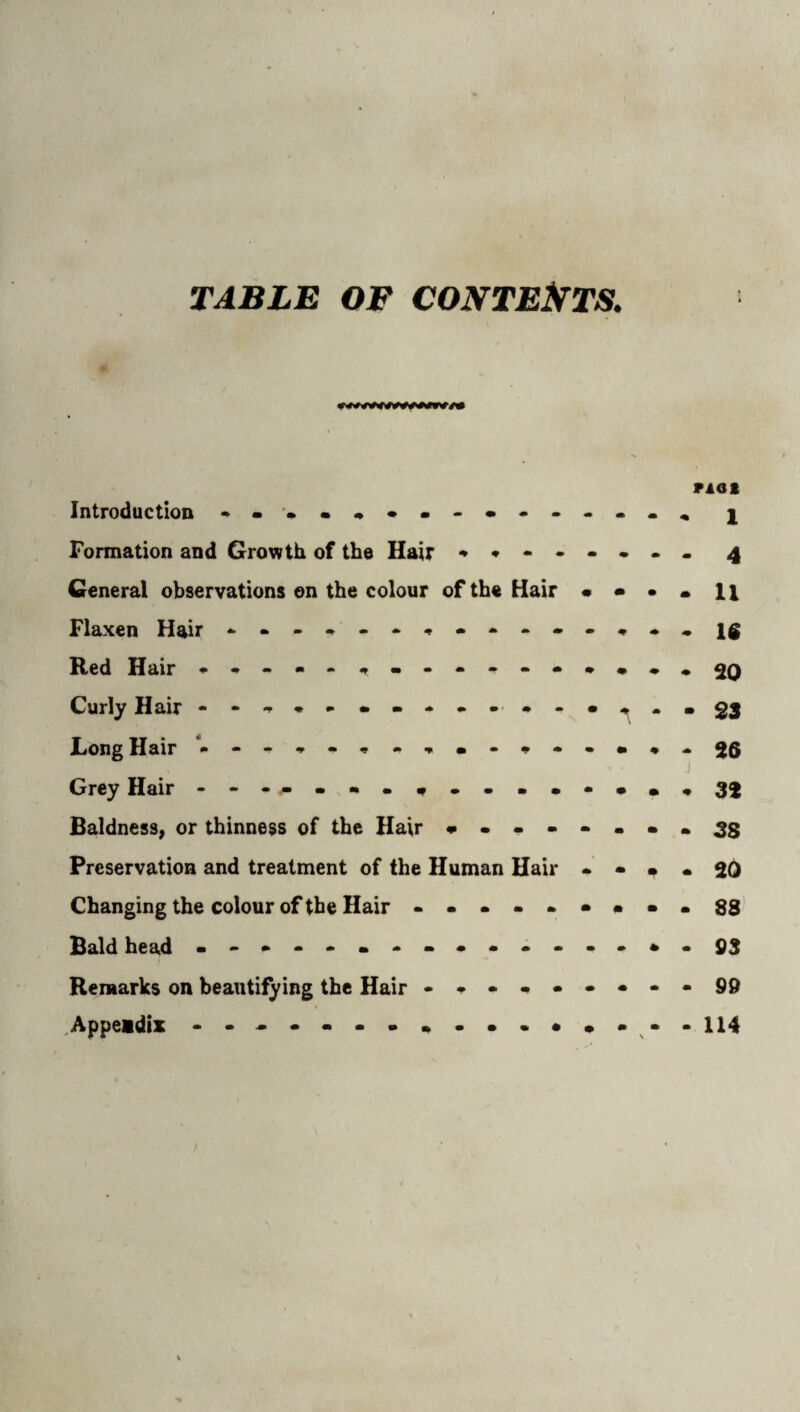 TABLE OF COXTE^fTS. Plot Introduction - I Formation and Growth of the Hair 4 General observations on the colour of the Hair • • • • 11 Flaxen Hair Red Hair Curly Hair - - •- •^-•23 Long Hair ‘•--^-,-,.-♦•••*-55 j Grey Hair - Baldness, or thinness of the Hair Preservation and treatment of the Human Hair * • • * 20 Changing the colour of the Hair ..••••••• 88 Bald head ■-•--•--♦..---••23 Remarks on beautifying the Hair ..-■•-•--99 , Appendix - -..-•--■-•.••-.-114