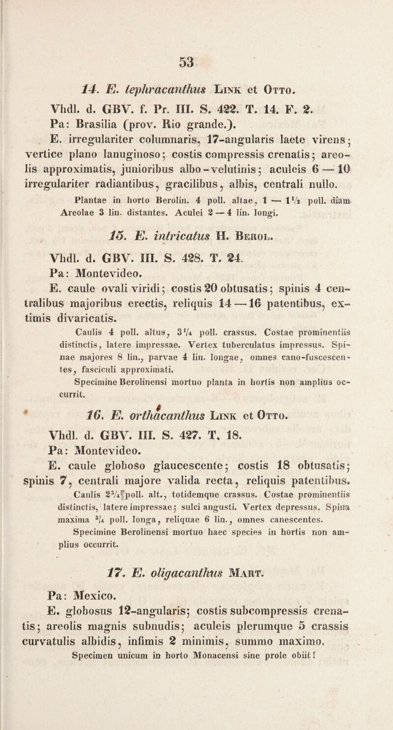 14. E. tepkracanthus Link et Otto. Vhdl. d. GBV. f. Pr, III. S. 422. T. 14. F. 2. Pa: Brasilia (prov. Rio grande.). E. irregulariter columnaris, 17-angularis laete virens; vertice plano lanuginoso; costis compressis crenatis; areo» lis approximatis, junioribus albo ~ velutinis; aculeis 6 — 10 irregulariter radiantibus, gracilibus, albis, centrali nullo. Plantae in horto Berolin. 4 poli, altae ^ 1 — IV2 poll. diam Areolae 3 liii. distantes. Aculei ^ — 4 lin. longi. 15. E. intricatus H. Berol. Vhdl. d. GBV. III. S. 428. T. 24 Pa: Montevideo. E. caule ovali viridi; costis 20 obtusatis; spinis 4 cen¬ tralibus majoribus erectis, reliquis 14 —16 patentibus, ex¬ timis divaricatis. Caulis 4 poli, altus ^ 3'A poll. crassus. Costae prominentiis distinctis, latere impressae. Vertex tuberculatus impressus. Spi¬ nae majores 8 lin., parvae 4 lin. longae, omnes cano-fiiscescen- tes, fasciculi approxiinati. Specimine Berolinensi mortuo planta in hortis non amplius oc¬ currit. * 16. E. orthacanthus Link et Otto. Vhdl. d. GBV. III. S. 427. T, 18. Pa: Montevideo. E. caule globoso glaucescente; costis 18 obtusatis; spinis 7, centrali majore valida recta, reliquis patentibus. Caulis SVifpoll. ait., totidemque crassus. Costae prominentiis distinctis, latere impressae; sulci angusti. Vertex depressus. Spina maxima poll. longa, reliquae 6 lin., omnes canescentes. Specimine Berolinensi mortuo haec speci^^s in hortis non am¬ plius occurrit. 17. E. otigacanthus Mart. Pa: Mexico. E. globosus 12-angularis; costis subcorapressis crena¬ tis; areolis magnis subnudis; aculeis plerumque 5 crassis curvatulis albidis, infimis 2 minimis, summo maximo. Specimen unicum in horto Monacensi sine prole obiit I