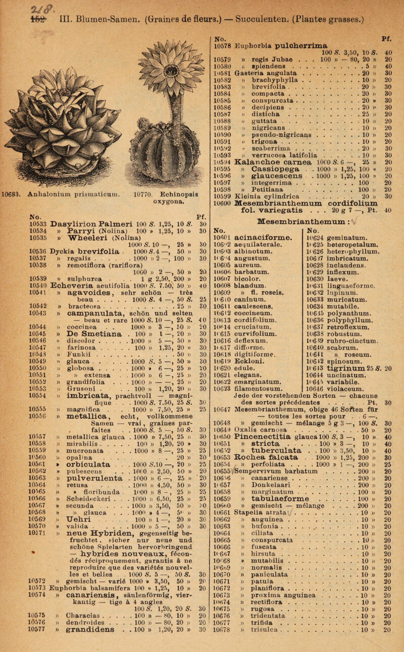 2/^- III. Blumen-Samen. (Graines de fleurs.) — Succulenten. (Plantes grasses.) 10683. Anhalonium prismaticum. 10770. Echinopsis oxygona. No. Pf. 10578 Euphorbia pulcherrima 100 5. 3,50, 10 5. 40 10579 » regis Jubae . . . 100 » — 80, 20 » 20 10580 splendens. 40 10581 Gasteria angulata. .20 )) 30 10582 )) brachypbylla . . . . . . 10 » 20 10583 » brevifolia. . . . . 20 » 30 10584 )) compacta. . . . . 20 » 30 10585 » conspurcata. .... 20 » 30 10586 » decipiens. .... 20 )' 30 10587 )l disticha. . . . . 25 )) 20 10.588 » guttata. .... 10 » 20 10589 » nigricans. .... 10 » 20 10.590 )) pseudo-nigricaps . . . .... 10 » 20 10591 » trigona. .... 10 » 20 105V(2 >« scaberrima. . . . . 20 » 30 10593 )) verrucosa latifolia . . . . . . 10 » 30 10594 Kalanchoe carnea 1000 S. 6—, 25 » 20 10595 )) Cassiopega . . lOOO )) 1,25, 100 » 20 10596 » glaucescens . . 1000 » 1,25, 100 » 20 10597 )) integerrima. , ... 100 ■ 20 10598 )) Petitiana . ... 100 » 20 10599 Kleinia cylindrica . ... 20 » 30 10600 Mesembrianthemum cordifolium fol. variegatis . . . 20 g 7 —, Pt. 40 No. 10533 10534 10535 10536 10537 10538 10539 10540 10541 Dasylirion Palmeri 100 S. 1,25, 10 S. » Parryi (Nolina) 100 » 1,25, 10 » » Wheeleri (Nolina) 1000 s. 10 —, 25 » Dyckia brevifolia • 1000 .S.4—, 50 )) » regalis. 1000 » 2 —, 100 » » remotiflora (rariflora) lUOO » 2 —, 50 » » sulphurea ... 1 g 2,50, 200 » Eclieveria acutifolia 100(' S. 7.50, 50 sehr schon » trfes yt. 30 30 30 30 30 20 20 40 No. 10601 1062 lo63 1' 6''4 10605 10606 106(17 10608 10609 Mesembriantliemum: No. acinaciforme. aequilaterale. albinotum. angustum. aureum. barbatum. bicolor. blandum. » fl. roseis. 10624 geminatum. Iti625 beteropetalum. 10626 heterophyllum. 106^7 imbricatum. 10628 inclaudens. 10629 inflexum. 10630 laeve. 10631 linguaeforme. 10632 lupinum. beau. 1000 5. 4 —, 50 s. 25 l('6i0 caninum. 10633 muricatum. 10542 » bracteosa . . . . .25 » 30 106 U caulescens. 10634 mutabile. 10543 » camp anulata, schon und selten 10612 coccineum. 10635 polyanthum. — beau et rare 1000 S. 10 —, 25 S. 40 10613 cordifolium. 10636 polyphyllum. 10544 » coccinea . . 1000 » 3 —, 50 » 20 10614 cruciatum. 10637 retroflexum. 10545 » De Smetiana . 100 » l —, 20 » 30 11 615 curvifolium. 10633 robustum. 10546 » discolor .... 1000 » 5 —, 50 » 30 10616 deflexum. 10639 rubro-cinctum. 10547 )) farinosa .... . 100 » 1,25, 20 » 30 It 617 diflorme. 10640 scabrum. 10.548 Eunkii. 30 10618 digitiforme. 10641 » roseum. 10549 » glauca . 1000 S. 5 —, 50 » 30 10619 Eckloni. 10642 spinosum. 10550 )) globosa .... 1000 » 6 —, 25 » 20 10620 edule. 1( 613 tigrinum 25/S. 20 10561 )) )) extensa 1000 » 6 - , 25 )) 20 10621 elegans. 10644 uncinatum. 10552 )) grandifolia . . 1000 »-, 25 » 20 10622 emarginatum. 10645 variabile. 10553 )) Grusoni . . 100 )) 1,20, 20 » 30 10623 filamentosum. 10646 violaceum. 10554 )) imbricata, prachtvoll — magni- Jede der vorstehenden Sorten — chacune flque . . 1000 S. 7.50, 25 S. 30 des sortes pr6c6dentes.Pt. 30 10555 » magnifica . . . ■ 1000 » 7,50, 25 » 25 10647 Mesembrianthemum, obige 46 Soften fiir 10556 )) metallica, echt, vollkommene — toutes les sortes pour . . 6 —. / Samen — vrai, graines par- 10648 » gemischt — m61ange 5 g 3 —, 100 S, 30 faites . 1000 S. 5 —, 60 S. 30 10649 Oxalis carnosa 20 10557 )) metallica glauca . 1000 » 7,50, 25 » 30 10650 Pincenectitia glauca 100 S. 3 —, 10 w. 40 10558 )) mirabilis .... . 100 » 1,20, 20 » 30 10651 » Stricta . ■ . . 100 » 3 —, 10 )) 40 10559 » mucronata . . . , 1000 » 8 —, 25 » 25 106 =>2 » tuberculata . . 100 » 3,50, 10 » 40 10560 » opalina . . . . . . 20 » 30 10653 Rochea falcata . . 1000 » 1,25, 200 » 30 10561 orbiculata . . . 1000 SAO —, 20 » 25 106.54 )) perfoliata . . . . 1000 » 1 —, 200 » 25 10562 pubescens . . . lOCO » 2,50, 50 » 20 10655/Sempervivum barbatum. 200 » 20 10563 )) pulverulenta . 1000 » 6 —, 25 » '20 10656 » canariense . . . 200 » 20 10564 )) retusa . . . 1000 )) 4,50, 50 » 30 10657 » Donkelaari . . 200 » 20 10565 » » floribunda . K '00 » 8 -, 25 » 25 10658 » marginatum . .100 » 20 10566 )) Scheideckeri . . . 1000 » 6,50, 25 » 25 10659 » tabulaeforme .loo » 20 10567 » secunda .... . 1000 » 3,50, 50 )) 30 10660 )) gemisclit — mMange .... 200 » 20 10568 » )) glauca . . . 1000 » 4 —, 5'' » 30 10661 Stapelia atrata . .10 )) 20 10569 » TJehri ... 100 » 1—, 20 » 30 10662 » anguinea . . .10 » 20 10570 » valida . ... . 1000 )) 5 —, 50 » 30 10663 )) bufonia . . . .... • . . . 10 » 20 10571 » neue Hybriden, gegenseitig be- 10664 » ciliata . . . .10 )) 20 fruchtet, sicher nur neue und 10665 )) conspurcata .10 w 20 schone Spielarten hervorbringend 10666 » fuscata . . . . •.10 )) 20 % — hybrides nouveaux, f6con- 1('667 )) hirsuta . . . 20 d^s r6ciproquemeut, garantis k ne 10(68 » mutabilis . . .10 » 20 reproduire que des vari6t6s nouvel- I06h9 )> normalis . . 20 les et belles . . 1000 S. 5 —, 50 S. 30 10670 » paniculata . .10 » 20 10572 » gemischt — vari6 1000 » 3,50, 50 » 20 10671 patula . . . . .• . 10 » 20 10573 Euphorbia balsamifera 100 » 1,25, 10 » 20 10672 » planiflora . . .10 » 20 10574 » canariensis, saulenformig, vier- 10673 )) proxima anguinea.10 » 20 kantig — tige 4 angles 10674 » rectiflora . . .10 » 20 100 S. 1,20, 20 S. 30 10675 )) rugosa . . . .10 » 20 10575 Characias .... . 100 » — 80, 10 » 20 10676 » trideutata .10 » 20 10576 )) dendroides . . . . 100 » — 80, 20 )) 20 10677 trifida . . . . .10 » 20