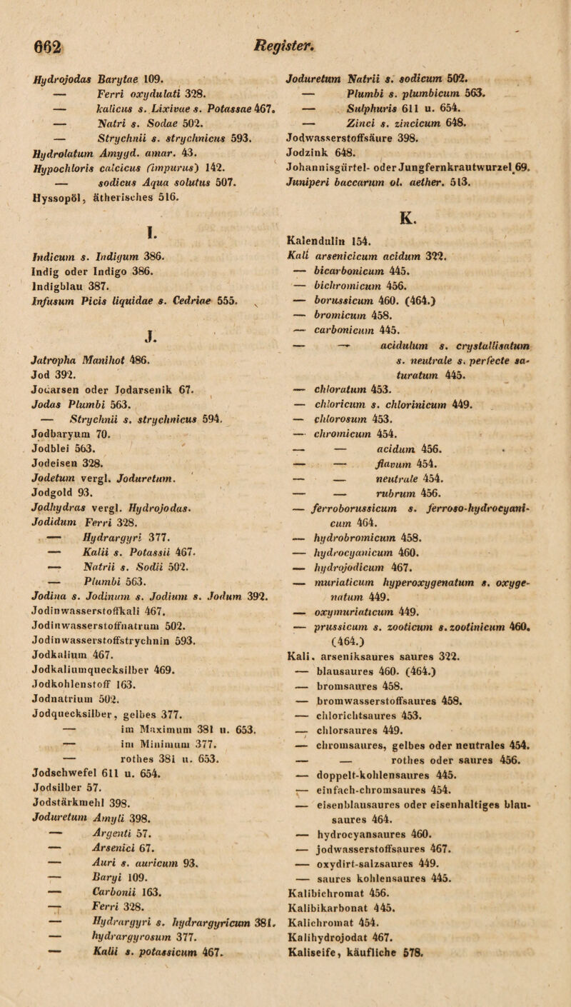 Hydrojodas Barytae 109. — Ferri oxydulati 328. — kalicus s. Lixivaes. Potassae 467. — Natri s. Sodae 502. — Stryclinii s. strychnicus 593. Hydrolatum Amyyd. amar. 43. Hypochlorit calcicus fimpurus) 142. — sodicus Aqua solutus 507. Hyssopöl, ätherisches 516. I. Indicum s. Indigum 386. Indig oder Indigo 386. lndigblau 387. Infusum Picis liquidae s. Cedrioe 555. s J. Jatropha Manihot 486. Jod 392. Jodarsen oder Jodarsenik 67. I Jodas Plurnbi 563. — Stryclinii s. strychnicus 594. Jodbaryum 70. Jodblei 563. Jodeisen 328. Jodetum vergl. Joduretum. Jodgold 93. Jodhydras vergl. Hydrojodas. Jodidum Ferri 328. — Hydrargyri 377. — Kalii s. Potassii 467. — Natrii s. Sodii 502. — Plumhi 563. Jodina s. Jodinum s. Jodium s. Jodum 392. Jodinwasserstoffkali 467. Jodinwasserstoffnatrum 502. Jod in wassers toffstrychnin 593. Jodkuiium 467. Jodkaliuniquecksilber 469. Jodkohlenstoff 163. Jodnatrium 502. Jodquecksilber, gelbes 377. — im Maximum 381 u. 653. — im Minimum 377. — rothes 381 u. 653. Jodschwefel 611 u. 654. Jodsilber 57. Jodstärkmehl 398. Joduretum Amyli 398. — Argenti 57. — Arsenici 67. — Auri s. auricum 93. — Baryi 109. — Carbonii 163. —- Ferri 328. — Hydrargyri s. hydrargyricum 381. — hydrargyrosum 377. —* Kalii s. potassicum 467. Joduretum Natrii s. sodicum 502. — Plumbi s. plumbicum 563. — Sulphuris 611 u. 654. — Zinci s. zincicum 648. Jodwasserstoffsäure 398. Jodzink 648. Johannisgürtel- oder Jungfernkrau twurze! 69. Juniperi baccarum ol. aether. 513. K. Kalendulin 154. Kali arsenicicum acidum 322. — bicarbonicum 445. — bicliromicum 456. — borussicum 460. (464.) — bromicum 458. — carbonicum 445. — — acidulum s. crystallisatum s. neutrale s. perfecte sa* turatum 445. — chloratum 453. — chloricum s. chlorinicum 449. — chlorosum 453. — chromicum 454. — — acidum 456. — — fiavum 454. — — neutrale 454. — — rubrum 456. — ferroborussicum s. ferroso-hydrocyani- cum 464. -— hydrobromicum 458. — hydrocyanicum 460. — hydrojodicum 467. — muriaticum hyperoxygenatum s. oxygc- natum 449. — oxymuriaticum 449. — prussicum s. zooticum s. zootinicum 460. (464.) Kali, arseniksaures saures 322. — blausaures 460- (464.) — bromsaures 458. — bromwasserstoffsaures 458. — chloriehtsaures 453. — chlorsaures 449. — chromsaures, gelbes oder neutrales 454. — — rothes oder saures 456. — doppelt-kohlensaures 445. :— einfach-chromsaures 454. — eisenblausaures oder eisenhaltiges blau¬ saures 464. — hydrocyansaures 460. — jodwasserstoffsaures 467. — oxydirt-salzsaures 449. — saures kohlensaures 445. Kalibichromat 456. Kalibikarbonat 445. Kalichromat 454. Kalihydrojodat 467. Kaliseife, käufliche 578.