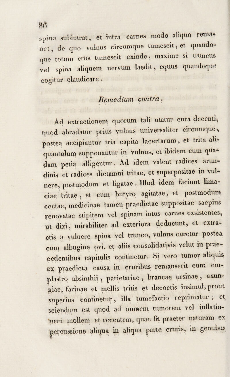 spina suLintrat, et intra carnes modo aliqUO rema* net, de quo vulnus circumque tumescit, et quando¬ que totum crus tumescit exinde, maxime si truncus ve! spina aliquem nervum laedit, equus quandoque cogitur claudicare , Remedium contra. Ad extracdoneiii quorum tali utatur cura decenti^ quod abradatur prius vulnus universaliter circumque postea accipiantur tria capita lacertarum, et trita ali¬ quantulum supponantur in vulnus, et ibidem cum qua¬ dam petia alligentur. Ad idem valent radices arun¬ dinis et radices dictamni tritae, et superpositae in vul¬ nere, postmodum et ligatae . Illud Mem laciunt lima- ciae tritae , et cum butyro agitatae ^ et postmodum coctae, medicinae tamen praedictae suppositae saepius renovatae stipitem vel spinam intus carnes exsistentes, ut dixi, mirabiliter ad exteriora deducunt, et extra¬ ctis a vulnere spina Vel trunco, vulnus curetur postea cum albugine ovi, et aliis consolidativls velut in prae¬ cedentibus capitulis continetur. Si vero tumor aliquis ex praedicta causa in cruribus remanserit cum em¬ plastro absiulbii, parietariae , brancae ursinae , axun¬ giae, farinae et niellis tritis et decoctis insimul, prout superius continetur, illa tumefactio reprimatur j et sciendum est quod ad omnem tumorem vel inflatio- nem mollem et recentem, quae fjt praeter naturam ex percussione aliqua in aliqua parte cruris, in genubus,