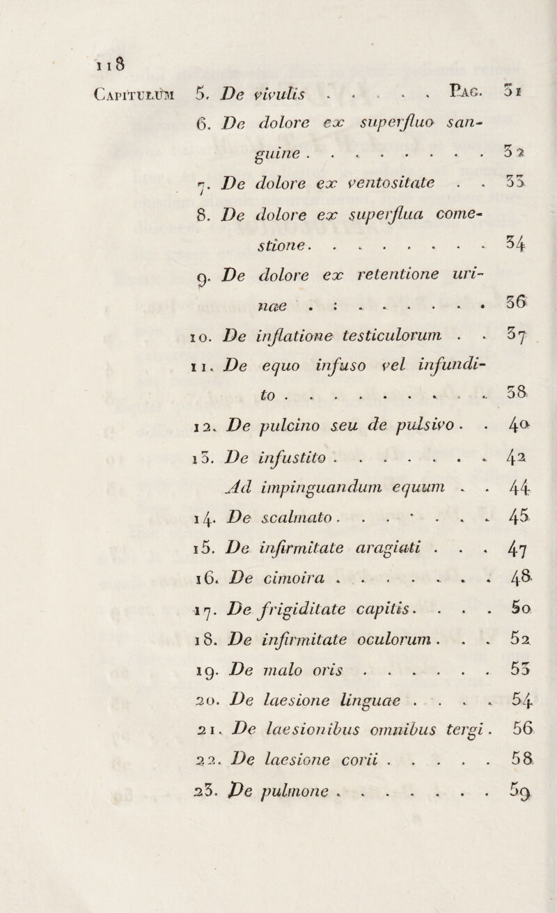 ii8 CApiTur.ih^i 5r De pwiitis .... Bag. 6 i 6. De dolore ex superfluo san^ guine ..52 'y. De dolore ex s^eutositate . . 5S 8. De dolore ex superflua come^ stione. . ..^4 g. De dolore ex retentione uri¬ nae . ; . • 56 10. De inflatione testiculorum . . 57 11. De equo infuso re/ infundi¬ to . • • «,0 8; 12. De pulcmo seu de pulswo ^ . 4^ i5. De infiistito ^ 4^ impinguandum equum . . 44 14‘ De scalmato 45 15. De infirmitate aragiati ... 4? 16. De cimoira . . . • . . . 4^- .17. De fr igiditate capitis. . . . 5o. 18. De infirmitate oculorum. . . 62 19. De malo oris ...... 55 20. De laesione linguae .... 54 21. De laesionibus omnibus tergi. 56 22. De laesione corii.58 25. J)e pulmone ..5^