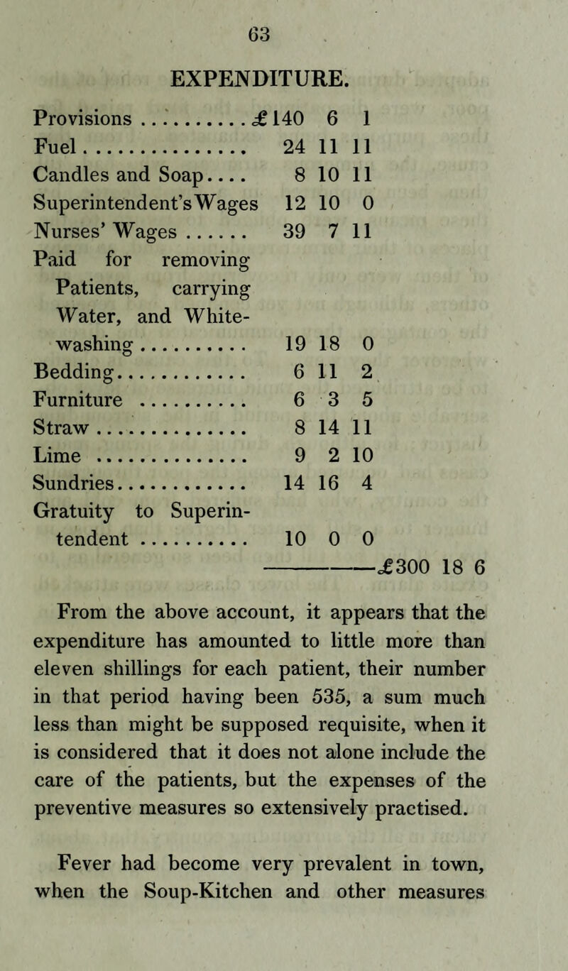 EXPENDITURE. Provisions ..£ 140 6 1 Fuel. 24 11 11 Candles and Soap.... 8 10 11 Superintendent’sWages 12 10 0 Nurses’Wages. 39 7 11 Paid for removing Patients, carrying Water, and White¬ washing . 19 18 0 Bedding. 6 11 2 Furniture . 6 3 5 Straw. 8 14 11 Lime . 9 2 10 Sundries. 14 16 4 Gratuity to Superin¬ tendent . 10 0 0 <£300 18 6 From the above account, it appears that the expenditure has amounted to little more than eleven shillings for each patient, their number in that period having been 535, a sum much less than might be supposed requisite, when it is considered that it does not alone include the care of the patients, but the expenses of the preventive measures so extensively practised. Fever had become very prevalent in town, when the Soup-Kitchen and other measures