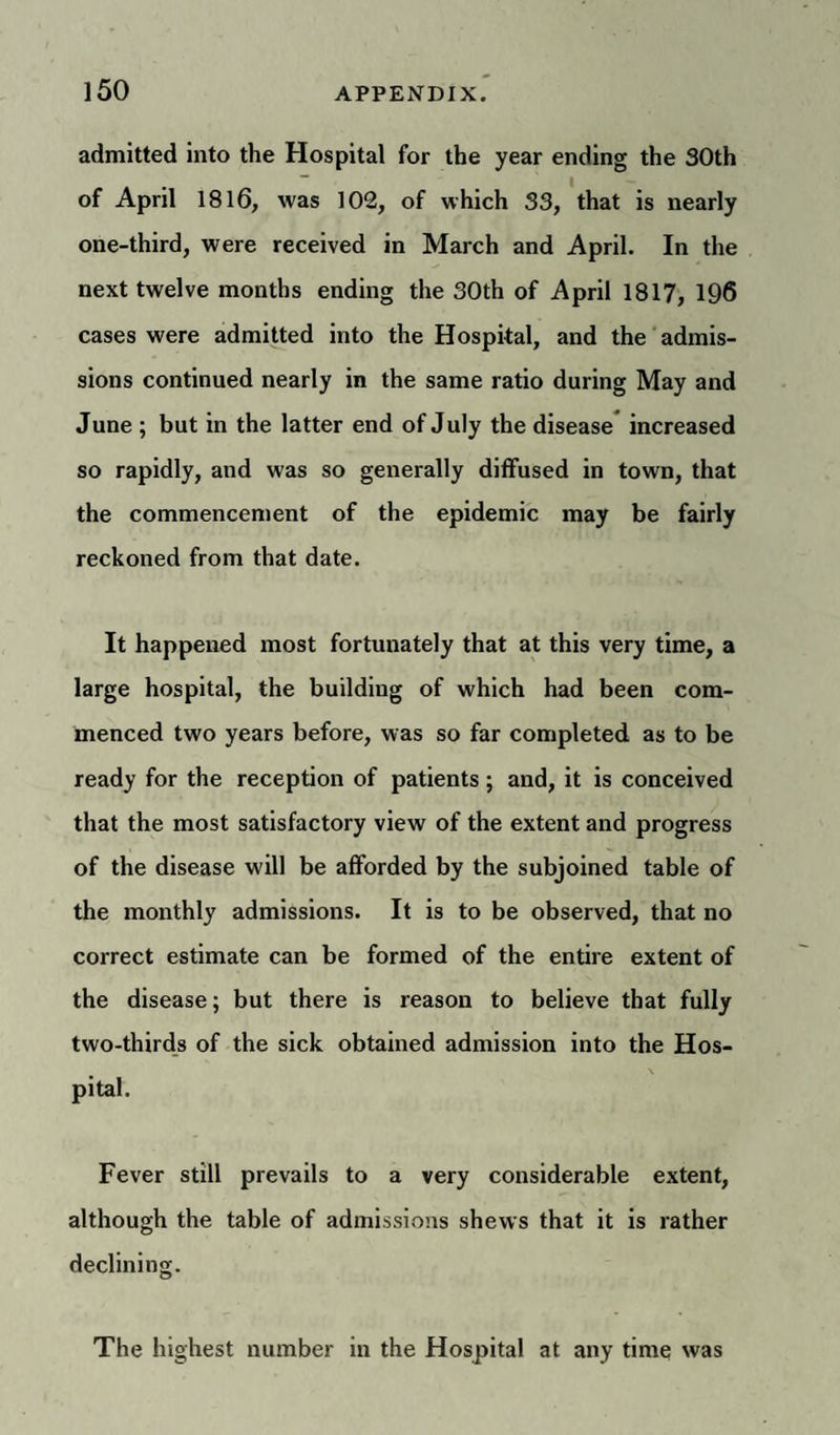 admitted into the Hospital for the year ending the 30th of April 1816, was 102, of which 33, that is nearly one-third, were received in March and April. In the next twelve months ending the 30th of April 1817, 196 cases were admitted into the Hospital, and the admis¬ sions continued nearly in the same ratio during May and June ; but in the latter end of July the disease increased so rapidly, and was so generally diffused in town, that the commencement of the epidemic may be fairly reckoned from that date. It happened most fortunately that at this very time, a large hospital, the building of which had been com¬ menced two years before, was so far completed as to be ready for the reception of patients; and, it is conceived that the most satisfactory view of the extent and progress of the disease will be afforded by the subjoined table of the monthly admissions. It is to be observed, that no correct estimate can be formed of the entire extent of the disease; but there is reason to believe that fully two-thirds of the sick obtained admission into the Hos¬ pital. Fever still prevails to a very considerable extent, although the table of admissions shews that it is rather declining. The highest number in the Hospital at any time was