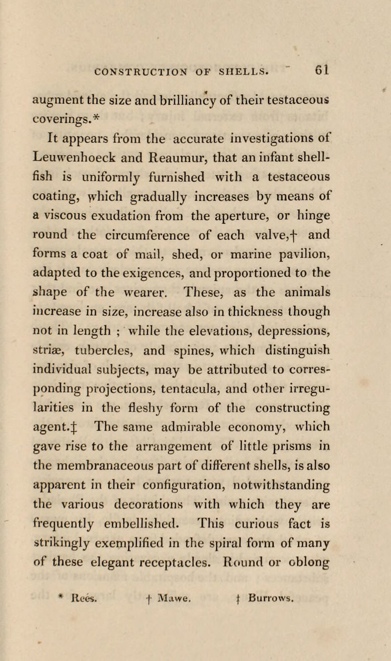 augment the size and brilliancy of their testaceous coverings.* It appears from the accurate investigations of Leuwenhoeck and Reaumur, that an infant shell¬ fish is uniformly furnished with a testaceous coating, yv'hich gradually Increases by means of a viscous exudation from the aperture, or hinge round the circumference of each valve,f and forms a coat of mail, shed, or marine pavilion, adapted to the exigences, and proportioned to the shape of the wearer. These, as the animals increase in size, increase also in thickness though not in length ; while the elevations, depressions, striae, tubercles, and spines, which distinguish individual subjects, may be attributed to corres¬ ponding projections, tentacula, and other irregu¬ larities in the fleshy form of the constructing agent.J The same admirable economy, which gave rise to the arrangement of little prisms in the membranaceous part of different shells, is also apparent in their configuration, notwithstanding the various decorations with which they are frequently embellished. This curious fact is strikingly exemplified in the spiral form of many of these elegant receptacles. Round or oblong * llces. f Mawe. t Burrows.