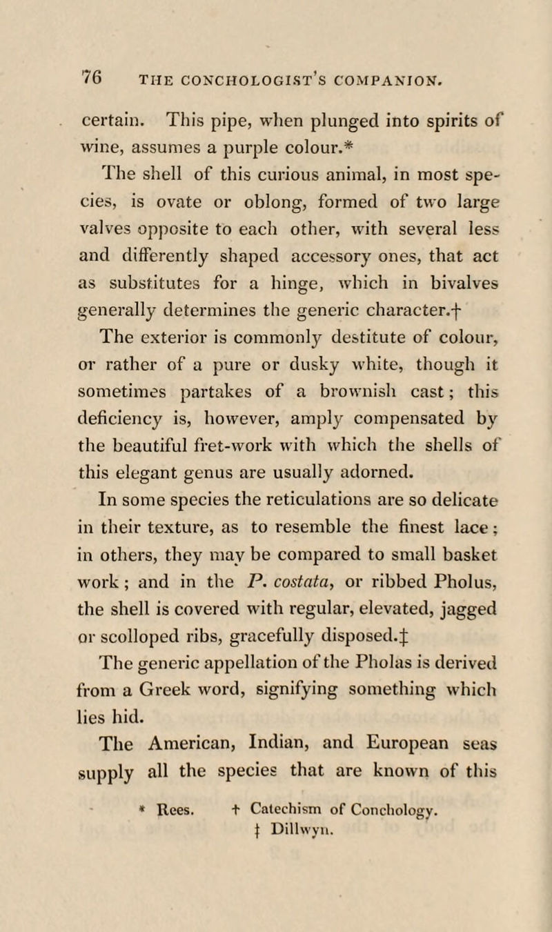 certain. This pipe, wlien plunged into spirits of wine, assumes a purple colour.* The shell of this curious animal, in most spe¬ cies, is ovate or oblong, formed of two large valves opposite to each other, with several less and differently shaped accessory ones, that act as substitutes for a hinge, which in bivalves generally determines the generic character.-f- The exterior is commonly destitute of colour, or rather of a pure or dusky white, though it sometimes partakes of a brownish cast; this deficiency is, however, amply compensated by the beautiful fret-work with which the shells of this elegant genus are usually adorned. In some species the reticulations are so delicate in their texture, as to resemble the finest lace; in others, they may be compared to small basket work ; and in the P. costata, or ribbed Pholus, the shell is covered with regular, elevated, jagged or scolloped ribs, gracefully disposed. J The generic appellation of the Pholas is derived from a Greek word, signifying something which lies hid. The American, Indian, and European seas supply all the species that are known of this ' * Rees. t Catechism of Conchology. f Dilhvyn.