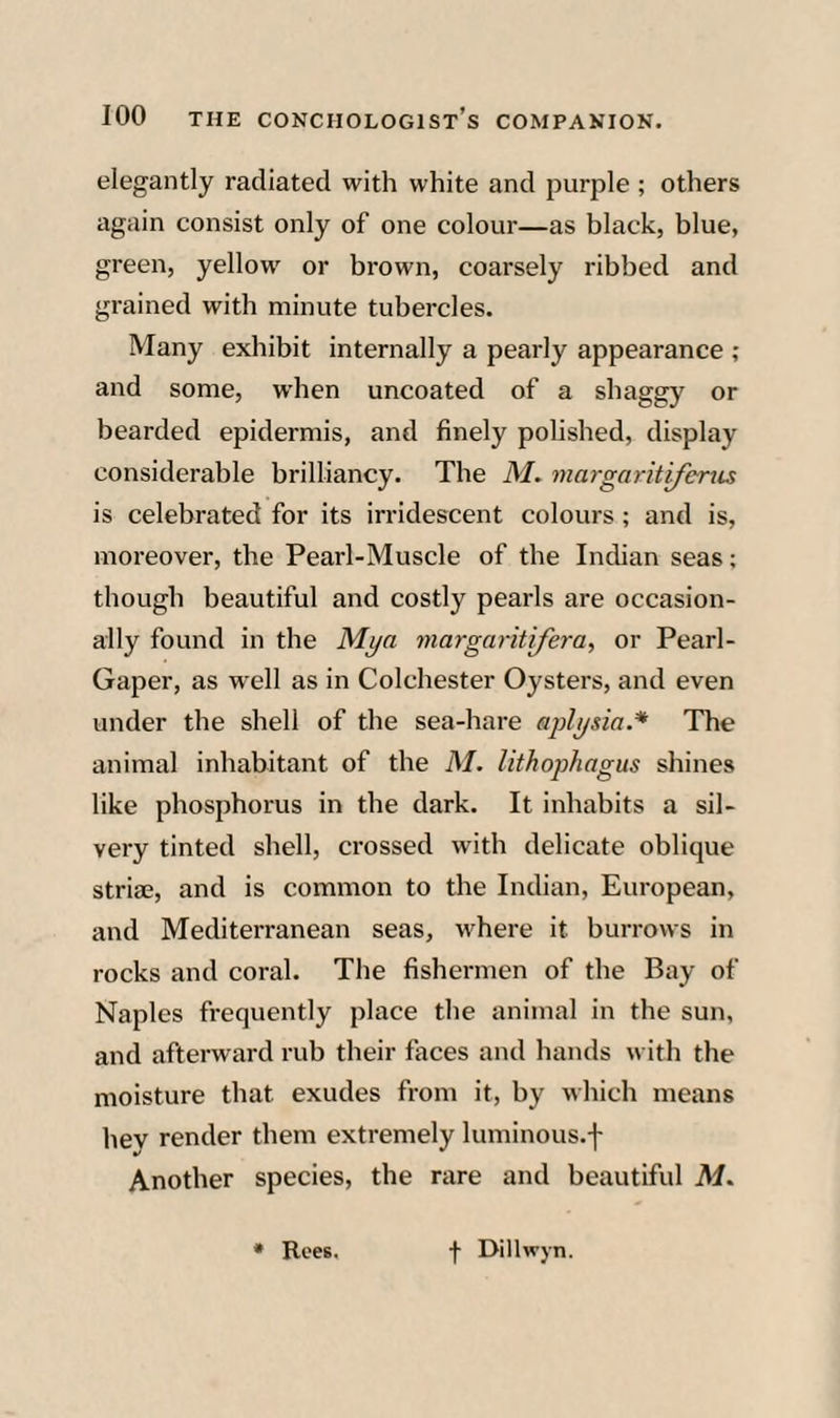 elegantly radiated with white and purple ; others again consist only of one colour—as black, blue, green, yellow or brown, coarsely ribbed and grained with minute tubercles. Many exhibit internally a pearly appearance ; and some, when uncoated of a shaggy or bearded epidermis, and finely polished, display considerable brilliancy. The M. margarhijertis is celebrated for its irridescent colours ; and is, moreover, the Pearl-Muscle of the Indian seas; though beautiful and costly pearls are occasion¬ ally found in the Mya margaritifera, or Pearl- Gaper, as well as in Colchester Oysters, and even under the shell of the sea-hare aplysia.* The animal inhabitant of the M. lithophagus shines like phosphorus in the dark. It inhabits a sil¬ very tinted shell, crossed with delicate oblique striae, and is common to the Indian, European, and Mediterranean seas, where it burrows in rocks and coral. The fishermen of the Bay of Naples frequently place the animal in the sun, and afterward rub their faces and hands with the moisture that exudes from it, by which means hey render them extremely luminous.f Another species, the rare and beautiful M.