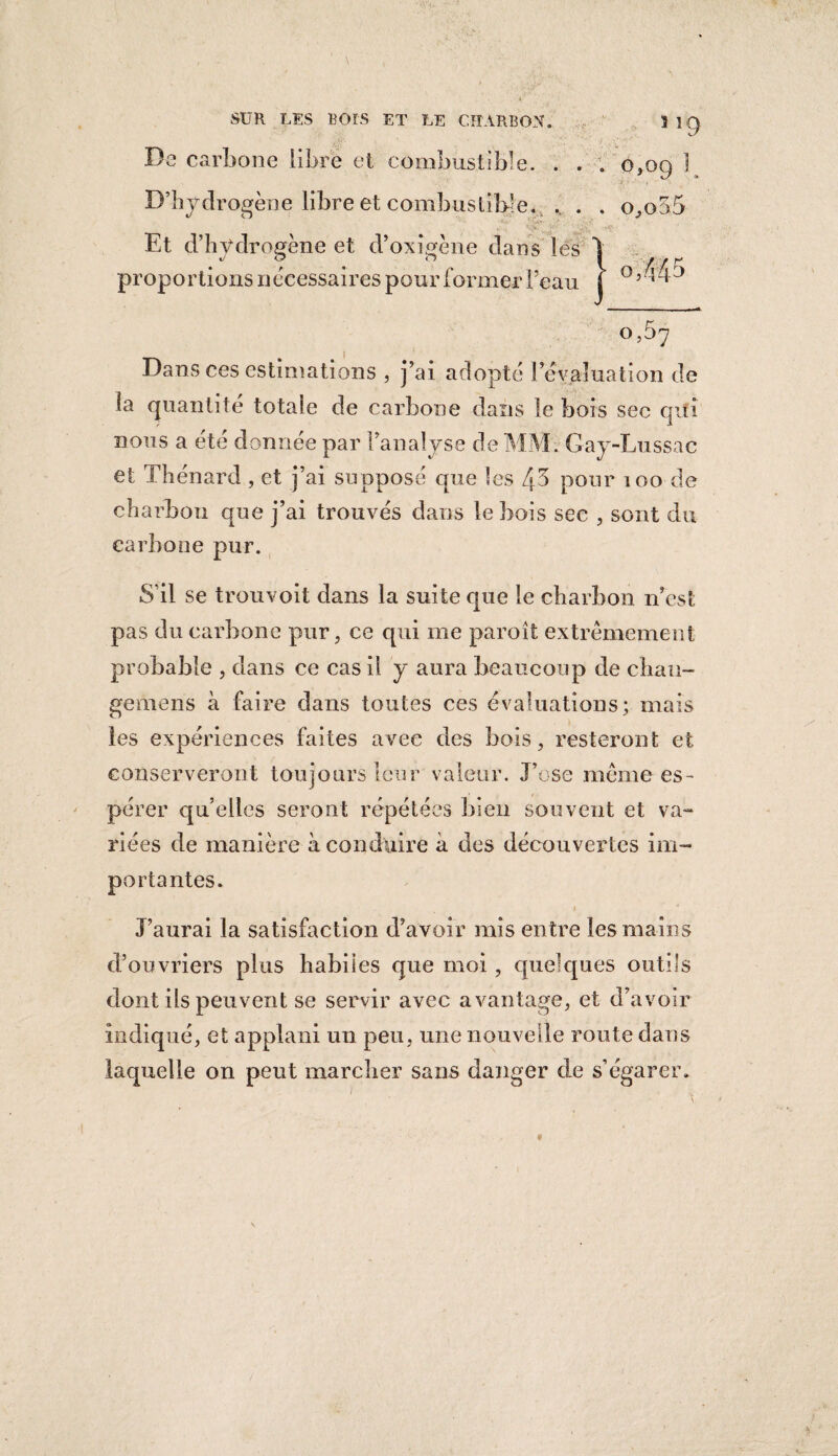 \ SUR LES BOïS ET LE CHARBON. 3 I C) De carbone libre et combustible. . . ; 0,09 1 D’hydrogène libre et combustible. . . «/ o 1 ,, A . . .. .. vp, ^ - Et d’hydrogène et d’oxîgène dans les proportions nécessaires pour former l’eau « } rr K 0,030 0,445 0,57 Dans ces estimations , j’ai adopté l’évaluation de la quantité totale de carbone dans le bois sec qui nous a été donnée par l’analyse de MM. Gay-Lussac et Thénard, et j’ai supposé que les 45 pour 100 de charbon que j’ai trouvés dans le bois sec , sont du carbone pur. S’il se trouvoit dans la suite que le charbon n’est pas du carbone pur, ce qui me paroît extrêmement probable , dans ce cas il y aura beaucoup de chan- gemens à faire dans toutes ces évaluations; mais les expériences faites avec des bois, resteront et conserveront toujours leur valeur. J’ose même es¬ pérer qu elles seront répétées bien souvent et va¬ riées de manière à conduire à des découvertes im¬ portantes. J’aurai la satisfaction d’avoir mis entre les mains d’ouvriers plus habiles que moi, quelques outils dont ils peuvent se servir avec avantage, et d’avoir indiqué, et applani un peu, une nouvelle route dans laquelle on peut marcher sans danger de s’égarer. «