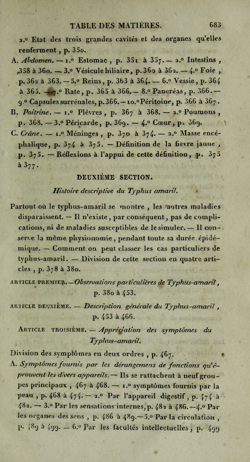 a.° Etat <]cs trois grandes cavités et des organes qu’elles renferment, p. 35o. A. Ahdomen. — 1.° Estomac, p. 35i à SSy.— i.° Intestins , ,358 à 36o. — 3.° Vésicule biliaire, p. 36o à SGa. — Foie , p. 362 à 363. — 5.° Reins, p. 363 à 364. — 6.“ Vessie, p. 364 à 365. Rate, p. 365 à 366.— 8.° Pancréas, p. 366.— 9.° Capsules surrénales, p.366.—io.“Péritoine, p. 366 à 367. B. Poitrine. — i.° Plèvres , p. 367 à 368. — 2.“ Poumons , p. 368.—3.° Péricarde, p. 369.—4*° Cœur,p. 369. C. Crâne. — i.° Méninges , p. 370 à 374. — 2.° Masse encé¬ phalique, p. 374 à 375. — Définition de la fièvre jaune , p. 375. — Réflexions à l’appui de cette définition, |p. 375 à 377. DEUXIÈME SECTION. Histoire descriptive du Typhus amaril. Partout où le typhus-amaril se montre , les autres maladies disparaissent. — Il n’existe, par conséquent, pas de compli¬ cations, ni de maladies susceptibles de le simuler. — Il con¬ serve la même physionomie, pendant toute sa durée épidé¬ mique. — Comment on peut classer les cas particuliers de typhus-amaril. — Division de cette section en quatre arti¬ cles , p.378 à 38o. ARTICLE Observations particulières de Typhus-amaril, p. 38o à 453. ARTICLE DEUXIÈME. — Description générale du Typhus-amaril, p.453 à 466. Article troisième. — Appréçiation des symptômes du Typh us-amarii. Division des symptômes en deux ordres , p. 467. ' A. Symptômes fournis par les dérangernens de fonctions qu'é¬ prouvent les divers appareils. — Ils se rattachent à neuf grou¬ pes principaux , 467 à 468. — i.° symptômes fournis par la peau , p. 468 à 474. — 2.° Par l’appareil digestif, p. 474 à 482. — 3.° Par les sensations internes,p. 482 à 486.—4.“ Par les organes des sens , p. 466 à 489.— 5.“ Par la circulation , p. ;8y à 499. — 6.° Par les facultés intellectuelles, p. 499