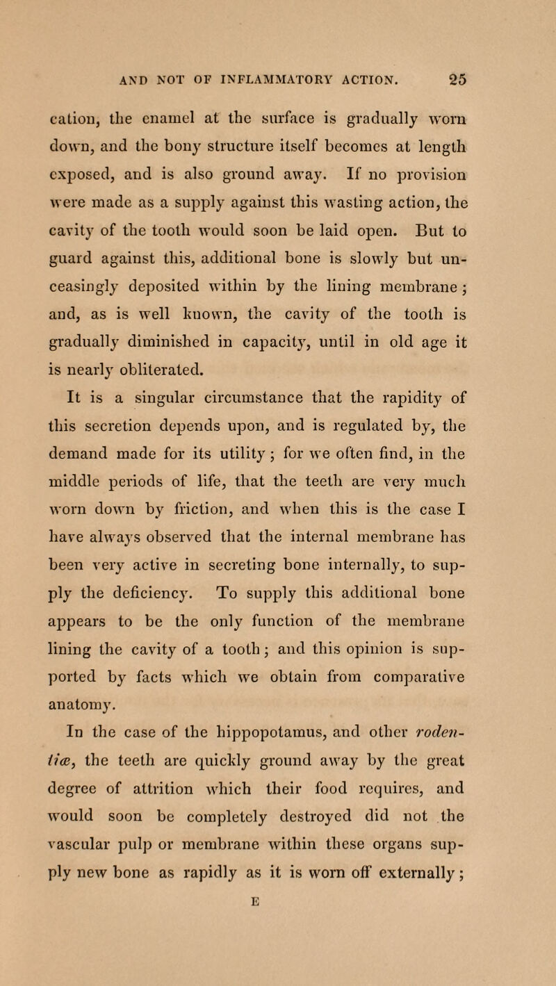 cation, the enamel at the surface is gradually worn down, and the bony structure itself becomes at length exposed, and is also ground away. If no provision were made as a supply against this wasting action, the cavity of the tooth would soon be laid open. But to guard against this, additional bone is slowly but un¬ ceasingly deposited within by the lining membrane ; and, as is well known, the cavity of the tooth is gradually diminished in capacity, until in old age it is nearly obliterated. It is a singular circumstance that the rapidity of this secretion depends upon, and is regulated by, the demand made for its utility ; for we often find, in the middle periods of life, that the teeth are very much worn down by friction, and when this is the case I have always observed that the internal membrane has been very active in secreting bone internally, to sup¬ ply the deficiency. To supply this additional bone appears to be the only function of the membrane lining the cavity of a tooth; and this opinion is sup¬ ported by facts which we obtain from comparative anatomy. In the case of the hippopotamus, and other roden- iice, the teeth are quickly ground away by the great degree of attrition which their food requires, and would soon be completely destroyed did not the vascular pulp or membrane within these organs sup¬ ply new bone as rapidly as it is worn off externally; E