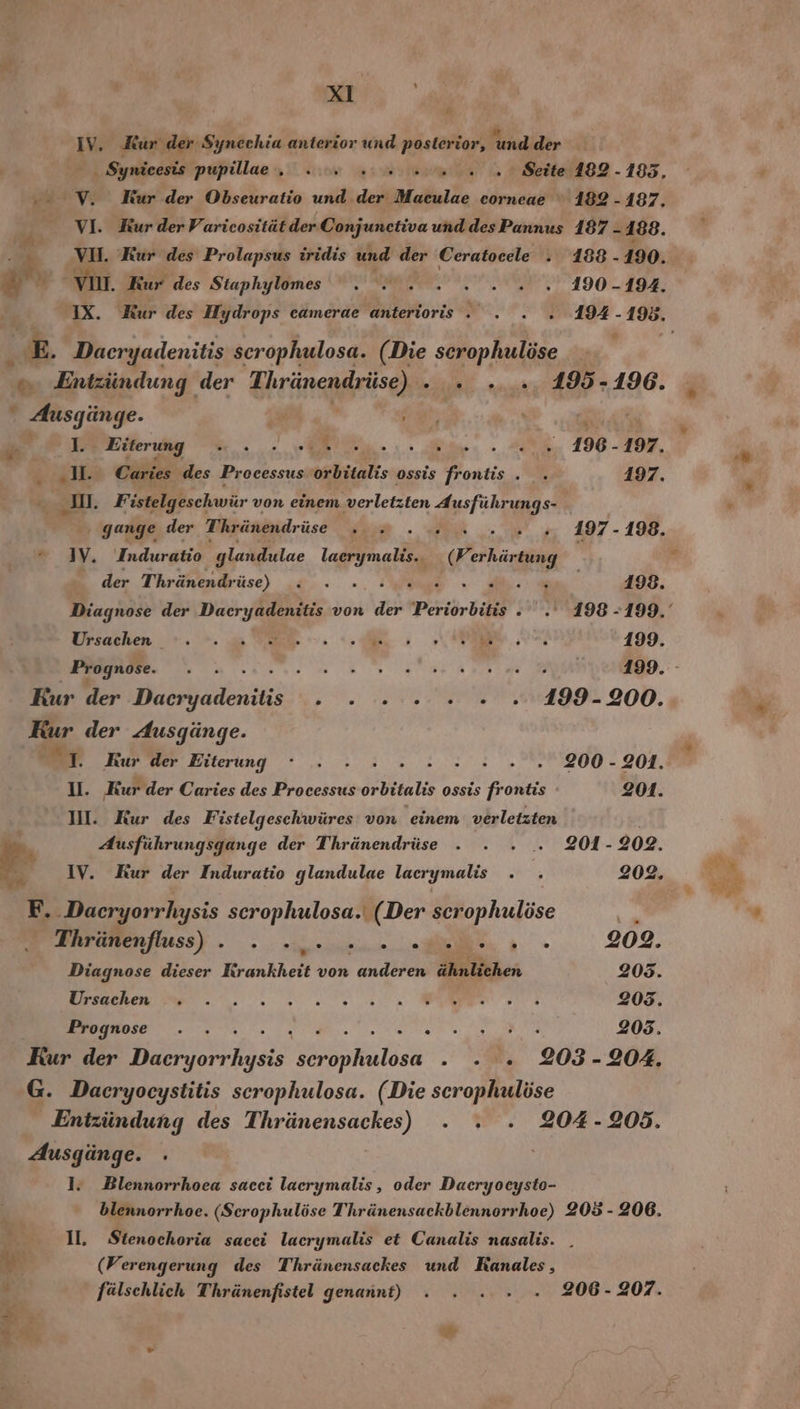 IV. Kur der Synechia anterior und posterior, undider Pi Synicesis pupillae ae ie Perl - 185, VW. Kur der Obseuratio und der Maculae corneae ' 182 - 187. VI. Kurder Varicositätder Conjunctiva und des Pannus 187 -188. . $ ‚Vu. Kur des Prolapsus iridis und der Ceratoeele . 188 -190. # in. Ei des Staphylomes Wi Vader 490 -494. IX. Kur des Hydrops eamerae anterioris . . . „ 194-198. . Daeryadenitis scrophulosa. (Die “op lee ® Entzündung der Thränendrüse) . ..... 195-196. ä ' Ausgänge. = Kg Ei Pr 1. Eiterung Bi er. . ; An. 5. Aa TIGE -FDE er „ln. Caries des Processus orbitalis ossis frontis.. . 197.  Mm. Fistelgeschwür von einem verletzten Ps w. ‚ gange der Thrünendrüse Br . 0 197-198. _4Y. Induratio glandulae laerymalis.. (Werhärtung der Thränendrüse) 6... -. mE - A 198. Diagnose der Dacryadenitis von der Periorbitis . . 198-199.‘ Ursachen +. +. u TER. si 5 199. Prognose. er) ET 199. - Rur der Dobhädbniis N ENTER PTABFEIODO. be der Ausgänge. 1. Kur der Biterund * 2.2.30 2.2.2 23200 - 201, ni UI. Kur der Caries des Processus orbitalis ossis frontis 201. Il. Kur des Fistelgeschwüres von einem verletzten u Ausführungsgange der Thränendrüse . . . . 201-202. r E* IV. Kur der Induratio glandulae lacrymalis . . 202. N . m F. ‚Dacryorrhysis scrophulosa. (Der scrophulöse he: IRFOMENFSS) . - een ei 4 202. Diagnose dieser Krankheit von anderen ähnlichen 205. ae We 205. Prognose . . « a 2035. Kur der ae TR . . 0. 203-204. G. Dacryocystitis scrophulosa. (Die scrophulöse Entzündung des aeg, .. 2... 204-208. Ausgänge. . 1. Blennorrhoea sacei lacrymalis, oder Dacryocysto- blennorrhoe. (Scerophulöse Thränensackblennorrhoe) 205 - 206. II. Stenochoria sacci lacrymalis et Canalis nasalis. (Werengerung des Thränensackes und Ranales, : fälschlich Thränenfistel genannt) . : . » . 206-207. . 8 u er