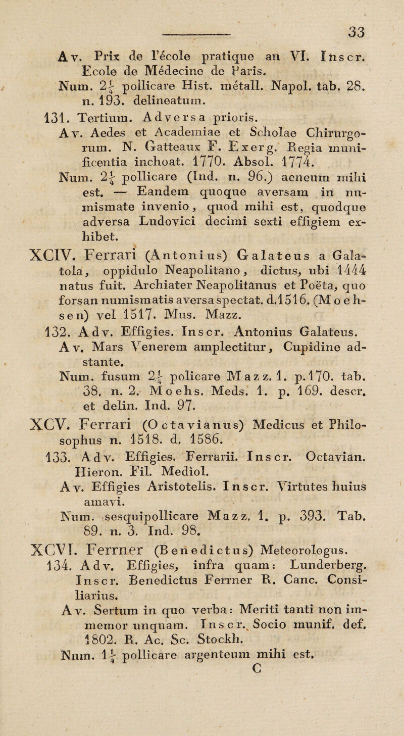 Av. Prix de l’4cole pratique an VI. Inscr. Ecole de Medecine de Paris. Num. 2V poili care Hist. metall. Napol. tab. 28. n. 193. delineatum. 131. Tertium. Adversa prioris. Av. Aedes et Academiae et Scholae Chirurgo¬ rum. N. Gatteaux F. Exerg. Regia muni¬ ficentia inchoat. 1770. Absol. 1774. Num. 2\ pollicare (Xnd. n. 96.) aeneum mihi est. — Eandem quoque aversam in nu¬ mismate invenio, quod mihi est, quodque adversa Ludovici decimi sexti effigiem ex¬ hibet. XCIV. Ferrari (Antonius) Galateus a Gala- tola, oppidulo Neapolitano, dictus, ubi 1444 natus fuit. Archiater Neapolitanus et Poeta, quo forsan numismatis aversa spectat, d.1516. (Mo e Ia¬ se n) vel 1517. Mus. Mazz. 132. Adv. Effigies. Inscr. Antonius Galateus. Av. Mars Venerem amplectitur, Cupidine ad- stante. Num. fusum 2.f policare Mazz. 1. p. 170. tab. 38. n. 2. Moehs. Meds. 1. p. 169. descr. et delin. Ind. 97. XCV. Ferrari (Octavianus) Medicus et Philo¬ sophus n. 1518. d. 1586. 133. Adv. Effigies. Ferrarii. Inscr. Octavian. Hieron. Fil. Mediol. Av. Effigies Aristotelis. Inscr. Virtutes huius amavi. Num. sesquipollicare Mazz. 1. p. 393. Tab. 89. n. 3. Ind. 98. XCV1. Ferrner (Benedictus) Meteorologus. 134. Adv. Effigies, infra quam: Lunderberg. Inscr. Benedictus Ferrner R. Cane. Consi¬ liarius. Av. Sertum in quo verba: Meriti tanti non im- inemor unquam. Inscr. Socio munif. def. 1802. R. Ac. Sc. Stockh. Num. \\ pollicare argenteum mihi est. c