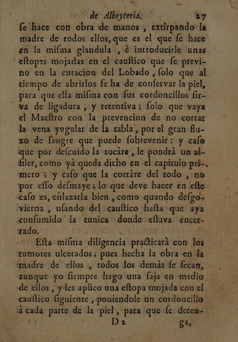 Mu de Albeyterió: 1 27 le hace con ¿lees de manos , extirpando: la madre de todos ellos, que es el que le hace en la miíma glandula +, '€ introducirle 'unas -eltopas mojadas en el: Esúflico' que e; previs no en la curacion del Lobado , folo que al tiempo de abrirlos fe ha de so laie la piel, wa de ligadura , y retentiva 5 folo que vaya el Macítro con la prevencion de no «cortar la: vena yugular de la rabla,, por el gran flu- xo de fangre que puede fohtelidits y calo que por defcuido la: rocare , le pondra un al filer, como yá queda dicho en el. capitulo pri, mero 5 y calo que la corrare del todo ,'no por ello delmaye 5 lo que deve hacer en efte calo :es, enlazarla bien ¿como quando defgo- vierna +, ulando del. lelifitla halta que aya conlumido la tunica donde eltava Ence pa | | tumores ulcerados; pues hecha la obra en la ¿madre de ellos : todos los demás le fecan, aunque yo fiempre hago una faja en medio. de ellos , y les aplico una eftopa mojada con el - cauítico figuiente, poniendole un cordoncillo Pa a, ga,