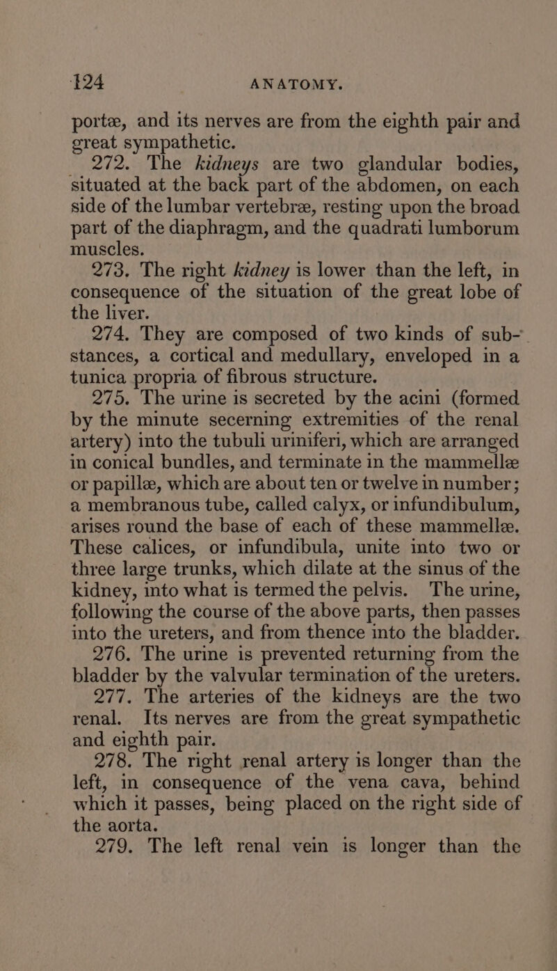 porte, and its nerves are from the eighth pair and oreat sympathetic. — 272. The kidneys are two glandular bodies, situated at the back part of the abdomen, on each side of the lumbar vertebree, resting upon the broad part of the diaphragm, and the quadrati lumborum muscles. 273. The right kidney is lower than the left, in consequence of the situation of the great lobe of the liver. 274. They are composed of two kinds of sub- stances, a cortical and medullary, enveloped in a tunica propria of fibrous structure. 275. The urine is secreted by the acini (formed by the minute secerning extremities of the renal artery) into the tubuli uriniferi, which are arranged in conical bundles, and terminate in the mammelle or papille, which are about ten or twelve in number; a membranous tube, called calyx, or infundibulum, arises round the base of each of these mammelle. These calices, or infundibula, unite into two or three large trunks, which dilate at the sinus of the kidney, into what is termed the pelvis. The urine, following the course of the above parts, then passes into the ureters, and from thence into the bladder. 276. The urine is prevented returning from the bladder by the valvular termination of the ureters. 277. The arteries of the kidneys are the two renal. Its nerves are from the great sympathetic and eighth pair. 278. The right renal artery is longer than the left, in consequence of the vena cava, behind which it passes, being placed on the right side of the aorta. 279. The left renal vein is longer than the