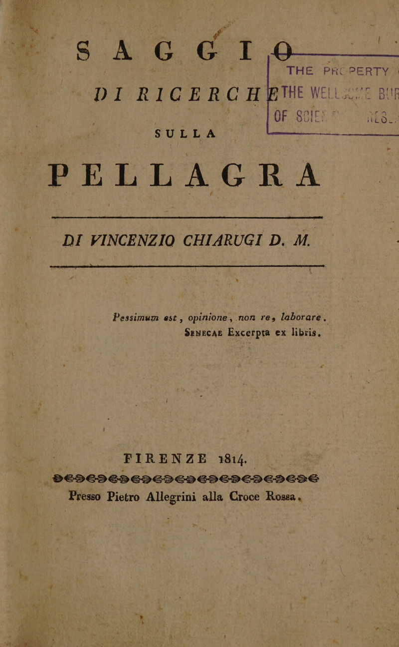 DI RICERCH SULLA DI VINCENZIO CHIARUGI D. M. Pessimum est, opinione, non res laborare, SenecaE Excerpra ex libris, FIRENZE 1814. BEDEDCEDEDCEDCDEDCDCIECDCDE Presso Pietro Allegrini alla Croce Rosea, Spr “LIA TRO LE