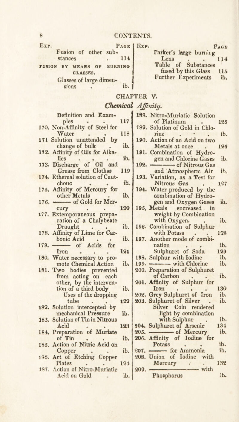 Exr. Page Fusion of other sub¬ stances . 114 FUSION BY MEANS OF BURNING GLASSES. Glasses of large dimen¬ sions . > ib. Exp. Page Parker’s large burning Lens . , 114 Table of Substances fused T^y this Glass 115 Further Experiments ib. CHAPTER V. Chemical Affinity. Definition and Exam¬ ples 170. Non«Affinity of Steel for Water 171 Solution unattended by change of bulk 172. Affinity of Oils for Alka¬ lies . • 173. Discharge of Oil and Grease from Clothes 174. Ethereal solution of Caut- chouc 175. Affinity of Mercury for other Metals 176. —-of Gold for Mer¬ cury 177. Extemporaneous prepa¬ ration of a Chalybeate Draught 178. Affinity of Lime for Car¬ bonic Acid . 179. -- of Acids for Iron 180. Water necessary to pro¬ mote Chemical Action 181. Two bodies prevented from acting on each other, by the interven¬ tion of a third body ib. Uses of the dropping tube . . 122 182. Solution intercepted by mechanical Pressure ib. 183. Solution of Tin in Nitrous Acid . . 123 184. Preparation of Muriate of Tin . . ib. 185. Action of Nitric Acid on Copper . . ib. ISO. Art of Etching Copper Plates . . 124 187. Action of Nitro-Muriatic Acid on Gold . ib. 188. Nitro-Muriatic Solution of Platinum . 125 189. Solution of Gold in Chlo¬ rine . • . ib. 190. Action of an Acid on two Metals at once . 126 191. Combination of Hydro¬ gen and Chlorine Gases ib. 192. — ■ -of Nitrous Gas and ‘Atmosphenc Air ib. 193. Variation, as a Test for Nitrous Gas . 127 194. Water produced by the combination of Hydro¬ gen and Oxygen Gases ib. 195. Metals encreased in weight by Combination with Oxygen. . ib. 196. Combination of Sulphur with Potass , . 128 197. Another mode of combi¬ nation . . ib. Sulphuret of Soda 129 198. Sulphur with Iodine ib. 199. -with Chlorine ib. 200. Preparation of Sulphuret of Carbon , . ib. 201. Affinity of Sulphur for Iron . . . 130 202. Grey Sulphuret of Iron ib. 203. Sulphuret of Silver . ib. Silver Coin rendered light by combination with Sulphur . ib. 204. Sulphuret of Arsenic 131 205. -—— of Mercury ib. 206. Affinity of Iodine for Potass . . ib. 207. .. for Ammonia ib. 208. Union of Iodine with Mercury .• . 132 209. ■ --with ib. 117 118 ib. ib. 119 ib. ib. 120 ib. ib. 121 ib. Phosphorus