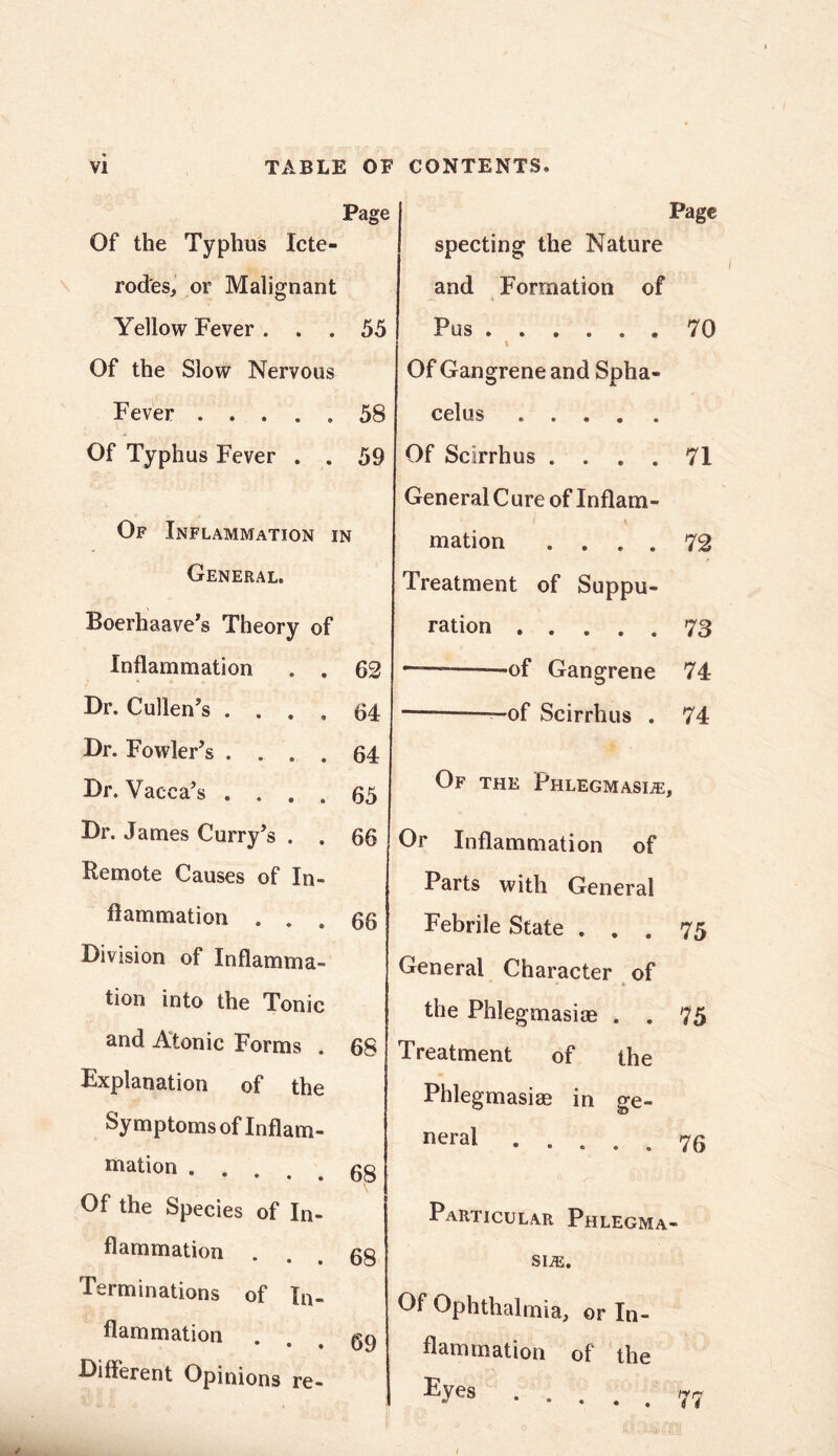 Page Of the Typhus Icte- rod'es, or Malignant Yellow Fever. . . 55 Of the Slow Nervous Fever 58 Of Typhus Fever . . 59 Of Inflammation in General. Boerhaave's Theory of Inflammation . . 62 Dr. Cullen's .... 64 Dr. Fowler's .... 64 Dr. Vacua's .... 65 Dr. James Curry's . . 66 Pemote Causes of In- flammation . . . 66 Division of Inflamma- tion into the Tonic and Atonic Forms 68 Explanation of the Symptoms of Inflam- mation . . . • • • 68 Of the Species of In- j flammation 68 Terminations of In- flammation • « 69 Different Opinions re- Page specting the Nature and Formation of Pus 70 % Of Gangrene and Spha- celus Of Scirrhus .... 71 General C ure of Inflam- mation .... 72 Treatment of Suppu- ration 73 —— -of Gangrene 74 — —of Scirrhus . 74 Of the Phlegmasia, Or Inflammation of Parts with General Febrile State ... 75 General Character of the Phlegmasiae . . 75 Treatment of the Phlegmasiae in ge- neral ..... 76 Particular Phlegma- sia. Of Ophthalmia, or In- flammation of the