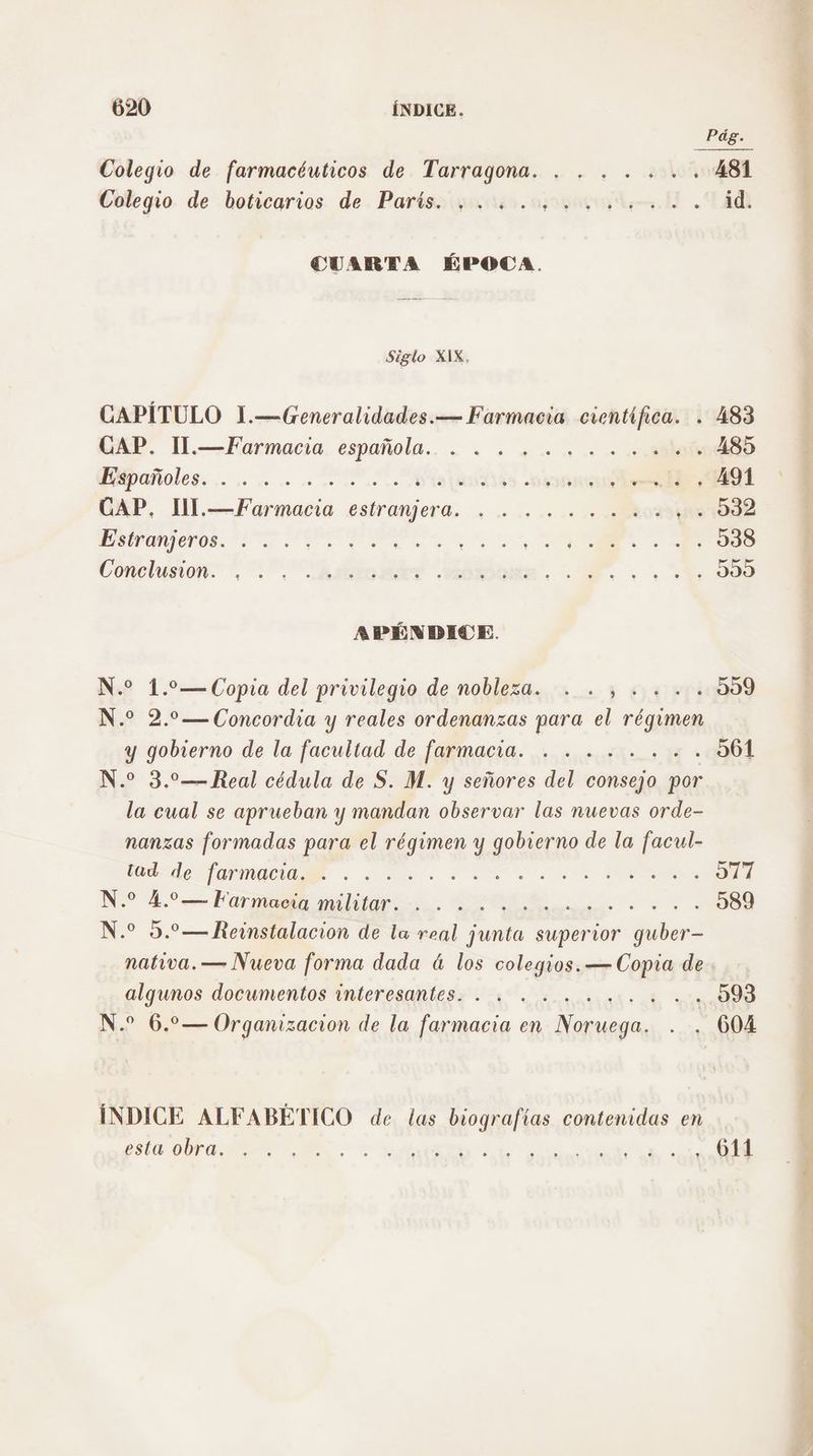 Colegio de farmacéuticos de Tarragona. . ...... Colegio de boticarios de Paris. ic. CUARTA ÉPOCA. Siglo XIX, CAPÍTULO 1.—Generalidades.— Farmacia científica. . GAP. ll.—Farmacia española. . ....... pañales... o. coosooo «0 .. ¿TO (UBITES -DID CAP, I.—Farmacia estranjera. . ... A A Net ed Conclusion: ¿CABAS motivada. 3... APÉNDICE. N.* 1.2—Copia del privilegio de nobleza. . . ,. . N.* 2.¿—Concordia y reales ordenanzas para el régimen y gobierno de la facultad de farmacia. + . .osioo. is. N.* 3.¿—Real cédula de S. M. y señores del consejo por la cual se aprueban y mandan observar las nuevas orde- nanzas formadas para el régimen y gobierno de la facul- A A A E No 4. Farm E N.* 5.—Reinstalacion de la real junta superior guber— nativa. — Nueva forma dada ú los colegios. — Copia de algunos documentos Interesantes... . oo... o. N.” 6.2— Orgamzacion de la farmacia en Noruega. ÍNDICE ALFABÉTICO de las biografías contenidas en A WA AA ATEN