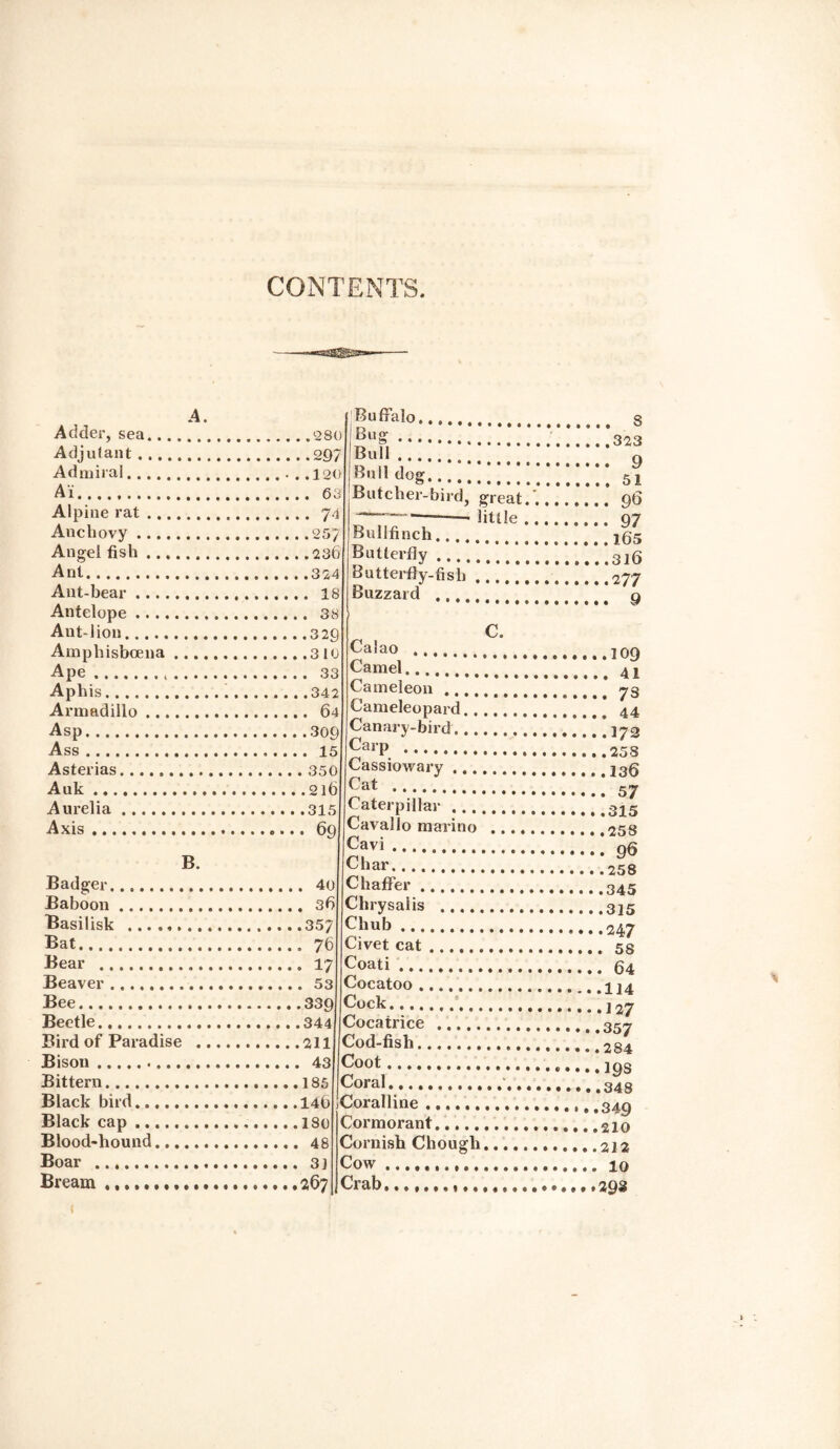 CONTENTS .4. Adder, sea.... Adjutant. Admiral. Ai Alpine rat. Anchovy. Angel fish. Ant.. Ant-bear. Antelope. Aut-lion. Amphisbcena. Ape. Aphis.. . Armadillo. . 64 Asp. Ass. Asterias. Auk. Aurelia. Axis. B. Badger. Baboon.... Basilisk . Bat.... Bear . Beaver. Buffalo. s Bl,g...'..I..'.'...'..323 Bull. q Bull dog. * 51 Butcher-bird, great......... 96 —■”—*--— little. 07 Bullfinch. jgg Butterfly...3 jg Butterfly-fish.277 Buzzard . ^ C. 109 Bee.339 Beetle.344 Bird of Paradise .211 Bison. 43 Bittern.185 Black bird.140 Black cap.180 Blood-hound.48 Boar . 3) Bream.267 Calao .... Camel.44 Camel eon. 73 Cameleopard. 44 Canary-bird. 273 £arP ...*!.*253 Cassiowary.236 Cat •1. 37 Caterpillar.315 Cavallo marino .^58 Cavi.| 96 Char.. Chaffer.. Chrysalis ... ■ 247 Chub Civet cat.. Coati. <34 Cocatoo.. Cock.... Cocatrice 127 357 Cod-fish.. Coot. 19s Coral... Coralline.. Cormorant.220 Cornish Chough.2l 2 Cow. 10 Crab...,.,.,......293 (