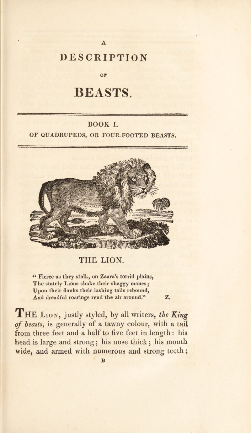 A DESCRIPTION OF BEASTS. BOOK I. OF QUADRUPEDS, OR FOUR-FOOTED BEASTS. THE LION. Fierce as they stalk, on Zaara’s torrid plains, The stately Lions shake their shaggy manes; Upon their flanks their lashing tails rebound, And dreadful roarings rend the air around.” Z. The Li on, justly styled, by all writers, the King of beasts, is generally of a tawny colour, with a tail from three feet and a half to five feet in length: his head is large and strong; his nose thick; his mouth wide, and armed with numerous and strong teeth; B
