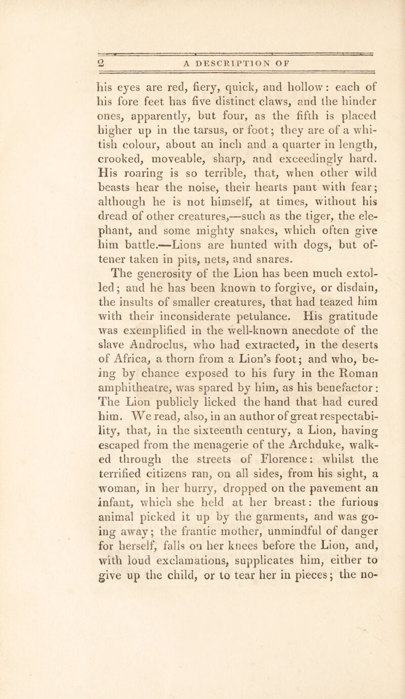 Iiis eyes are red, fiery, quick, and hollow: each of his fore feet has five distinct claws, and the hinder ones, apparently, but four, as the fifth is placed higher up in the tarsus, or foot; they are of a whi¬ tish colour, about an inch and a quarter in length, crooked, moveable, sharp, and exceedingly hard. His roaring is so terrible, that, when other wild beasts hear the noise, their hearts pant with fear; although he is not himself, at times, without his dread of other creatures,—such as the tiger, the ele¬ phant, and some mighty snakes, which often give him battle .—“Lions are hunted with dogs, but of- tener taken in pits, nets, and snares. The generosity of the Lion has been much extol¬ led ; and he has been known to forgive, or disdain, the insults of smaller creatures, that had teazed him with their inconsiderate petulance. His gratitude was exemplified in the well-known anecdote of the slave Androclus, who had extracted, in the deserts of Africa, a thorn from a Lion’s foot; and who, be¬ ing by chance exposed to his fury in the Roman amphitheatre, was spared by him, as his benefactor: The Lion publicly licked the hand that had cured him. We read, also, in an author of great respectabi¬ lity, that, in the sixteenth century, a Lion, having escaped from the menagerie of the Archduke, walk¬ ed through the streets of Florence: whilst the terrified citizens ran, on all sides, from his sight, a woman, in her hurry, dropped on the pavement an infant, which she held at her breast: the furious animal picked it up by the garments, and was go¬ ing away; the frantic mother, unmindful of danger for herself, falls on her knees before the Lion, and, with loud exclamations, supplicates him, either to give up the child, or to tear her in pieces; the no-