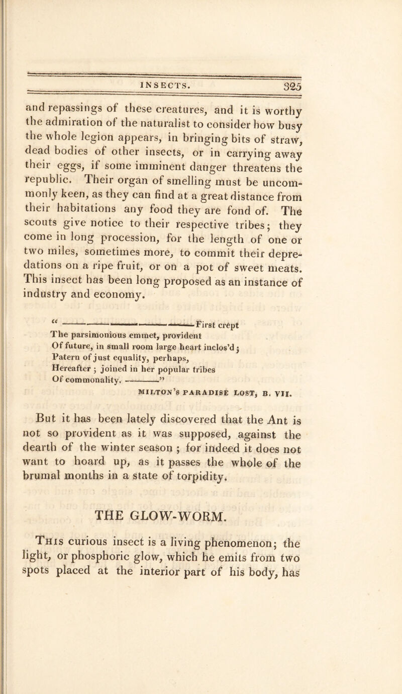 and repassings of these creatures, and it is worthy the admiration of the naturalist to consider how busy the whole legion appears, in bringing bits of straw, dead bodies of other insects, or in carrying away their eggs, if some imminent danger threatens the j epublic. Their organ of smelling must be uncom¬ monly keen, as they can find at a great distance from their habitations any food they are fond of. The scouts give notice to their respective tribes; they come in long procession, for the length of one or two miles, sometimes more, to commit their depre¬ dations on a ripe fruit, or on a pot of sweet meats. This insect has been long proposed as an instance of industry and economy. cc-—“.— --First crept The parsimonious emmet, provident Of future, in small room large heart inclos’d j Patern of just equality, perhaps, Hereafter ; joined in her popular tribes Of commonality. —-” milton’s paradise lost, b. vii. But it has been lately discovered that the Ant is not so provident as it was supposed, against the dearth of the winter season ; for indeed it does not want to hoard up, as it passes the whole of the brumal months in a state of torpidity. THE GLOW-WORM. This curious insect is a living phenomenon; the light, or phosphoric glow, which he emits from two spots placed at the interior part of his body, has