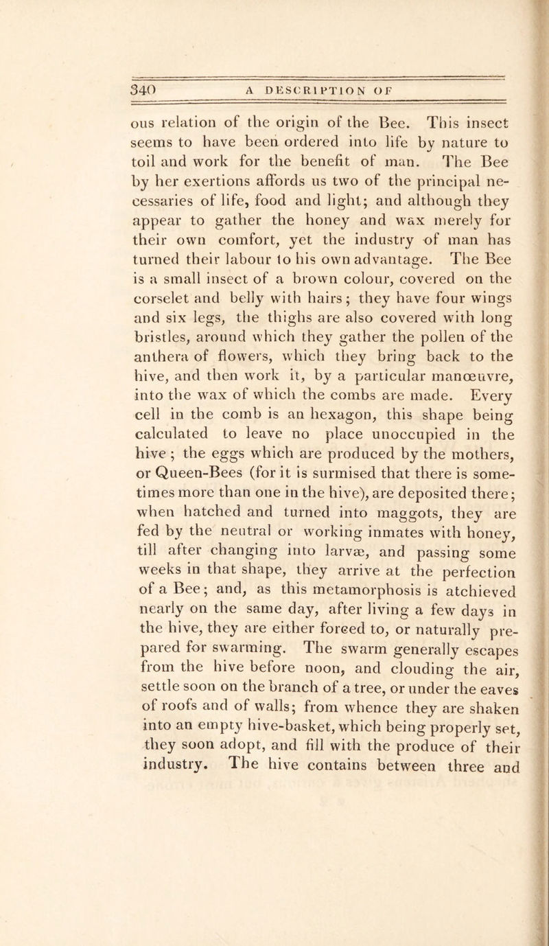 ous relation of the origin of the Bee. This insect seems to have been ordered into life by nature to toil and work for the benefit of man. The Bee by her exertions affords us two of the principal ne¬ cessaries of life, food and light; and although they appear to gather the honey and wax merely for their own comfort, yet the industry of man has turned their labour 1o his own advantage. The Bee is a small insect of a brown colour, covered on the corselet and belly with hairs; they have four wings and six legs, the thighs are also covered with long bristles, around which they gather the pollen of the anthera of flowers, which they bring back to the hive, and then work it, by a particular manoeuvre, into the wax of which the combs are made. Every cell in the comb is an hexagon, this shape being calculated to leave no place unoccupied in the hive ; the eggs which are produced by the mothers, or Queen-Bees (for it is surmised that there is some¬ times more than one in the hive), are deposited there; when hatched and turned into maggots, they are fed by the neutral or working inmates with honey, till after changing into larvae, and passing some weeks in that shape, they arrive at the perfection of a Bee; and, as this metamorphosis is atchieved nearly on the same day, after living a few days in the hive, they are either forced to, or naturally pre¬ pared for swarming. The swarm generally escapes from the hive before noon, and clouding the air, settle soon on the branch of a tree, or under the eaves of roofs and of walls; from whence they are shaken into an empty hive-basket, which being properly set, they soon adopt, and fill with the produce of their industry. The hive contains between three and