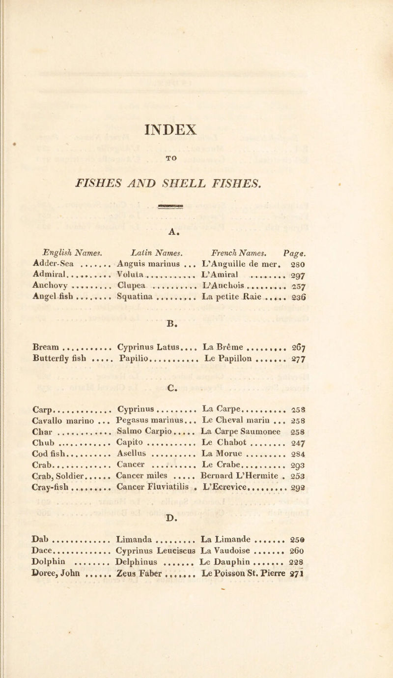 TO FISHES AND SHELL FISHES. A. English Names. Latin Names. French Names. Page. Adder-Sea . Anguis marinus ... L’Anguille de mer. 280 Admiral. Voluta. L’Amiral . . 2Q7 Anchovy. Clupea . L’Anchois. Angel fish. Squatina. La petite Raie ,... B. Bream. Cyprinus Latus.... La Breme Butterfly fish ...., , Papilio. Le Papillon. C. - Carp... Cyprinus. La Oarpe. Cavallo marino ... Pegasus marinus... Le Cheval mar in .. . 258 Char. Salmo Carpio. La Carpe Saumonee 258 Chub. Capito. Le Chabot... Cod fish. Asellus. La Morue. Crab. Cancer .. Le Crabe. . 203 Crab, Soldier. Cancer miles . Bernard L’Hermite . 253 Cray-fish. Cancer Fluviatilis . L’Ecrevice. D. Dab. Limanda. La Limande. Dace. Cyprinus Leuciscus La Vaudoise ...... . 260 Dolphin . Delphinus . Le Dauphin. . 228 Doree, John. Zeus Faber. Le Poisson St. Pierre 271