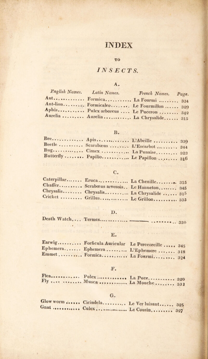 TO IN S E CTS. -English Names. Ant. Ant-lion. Apliis. Aurelia. A. Latin Names. Formica.......... Formicaleo. Pulex arboreus_ Aurelia. French Names. Page. La Fourmi. 324 Le Fourmillon. 329 Le Puceron. 342 La Chrysalide.315 B. Bee. Apis.. L’Abeille. 339 Beetle. Scarabaeus. L’Escarbot. 344 BuS. Cimex. La Punaise. 323 Butterfly. Papilio.Le Papillon.316 Caterpillar Chaffer.... Chrysalis,. Cricket ,,. C. Eruca. .La Chenille _ 91 £ Scraboeus arvensis.. Le Hanneton.... Chrysalis..... La Chrysalide .. Grillus. Le Grillott. D. Death Watch,... Termes..... / / • E. Earwig.,. Forficula Auricular Le Perceoreille ... Ephemera... Ephemera. Emmet. Formica. La Fourmi. Flea Fly F. Pulex. La Puce... Musca . La Mouche 320 33 J G. Glow worm Gnat Cicindela Culex,.. Le Ver luisant Le Cousin,,., 325 327