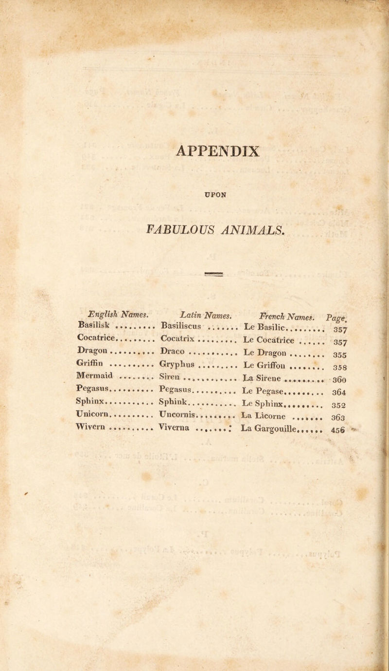APPENDIX UPON FABULOUS ANIMALS. English Names. Latin Names. French Names. Page Basilisk .. . Basiliscus ...... . Le Basilir Cocatrice.. . Cocatrix. T.e rnrstri/'f' ► o 5/ Dragon. Draco. Tp Turner mi . 35/ Griffin .. Gryphus ..... .., T,p firiffoii 355 Mermaid ........ Siren ....... . .. T,a Sirpnp 35o Pegasus. Pegasus. Le Pegase... 300 364 Sphinx. Sphink...... Le Sphinx. 352 Unicorn. Uncornis. Wivern Viverna .; La Gargouille,,,,.. 3o3 456 ** r