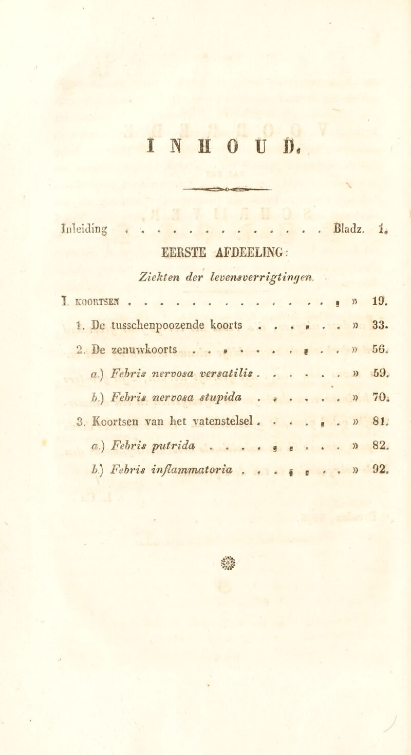 Inleiding * Bladz. 1. EERSTE AFDEELING: r Ziekten der levensverrigtingen. I KOOnTSEJf 19. 1. De tusschenpoozende koorts • •*•«)) 33. 2. De zenuwkoorts . . » • . • » ( • • )) 56, a.) Fehris nervosa vcrsatilis . 59. h) Fehris nervosa stupida 70. 3. Koortsen van het vatenstelsel. • < . j . B 81. a.) Fehris putrida .... j e • < ■ B 82. Z>.) Fehris inftanxmatoria . . .je . . )) 92.