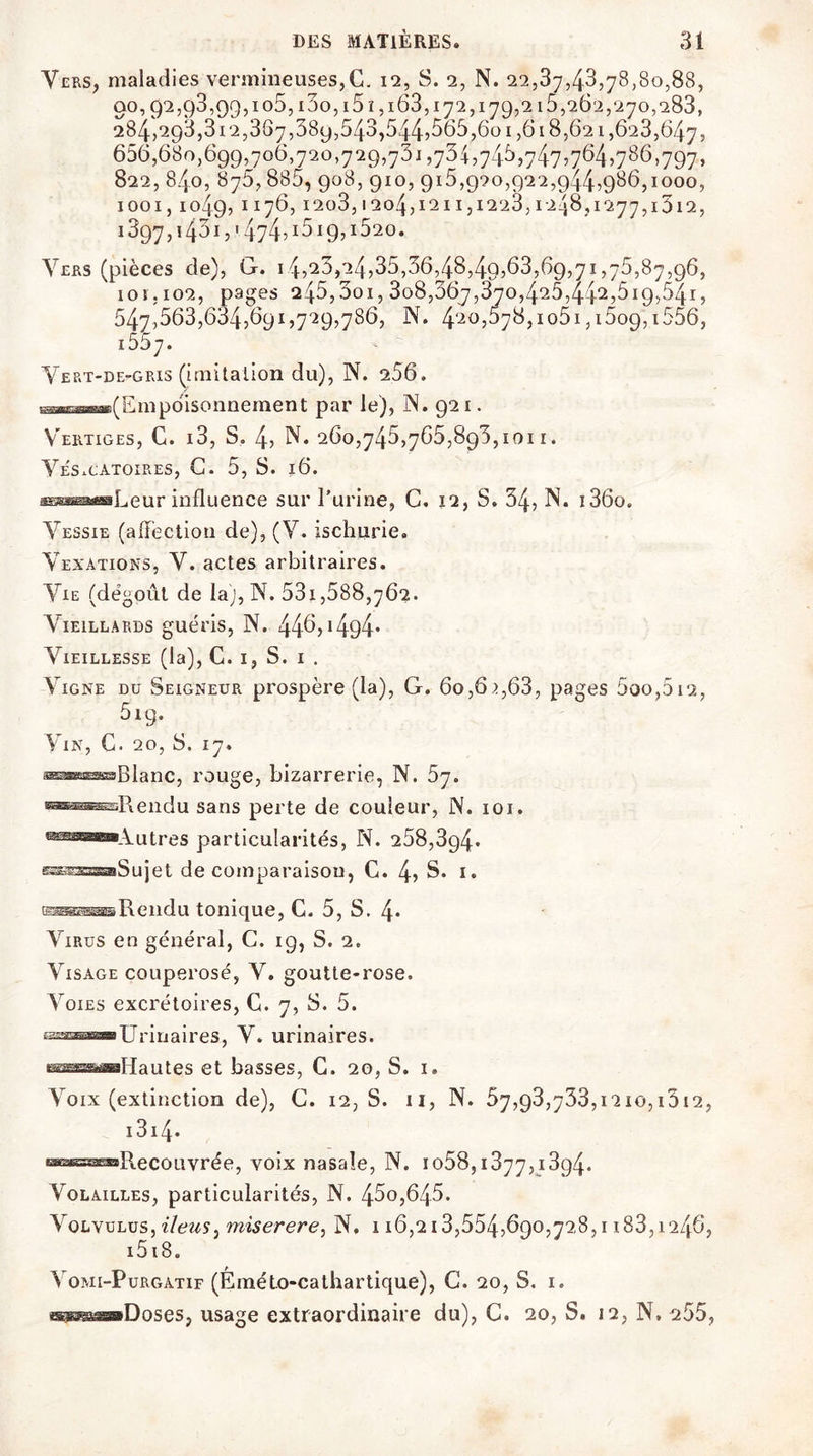 Vers, maladies vermineuses,G. 12, S. 2, N. 22,37,43,78,80,88, 00,92,93,99,105, i3o, 15 î ,163,172,179,215,262,270,283, 284,293,312,367,389,543,5445365,601,618,621,623,647, 656,680,699,706,720,729,731,734,745,747,764,786,797, 822, 84.0, 675,885, 908, 910, 915,920,922,9445966,1000, 1001,1049,1176, i2o3,1204,1211,1223,1248,1277,1312, 1397,1431,» 474? Ï5I95I520. Vers (pièces de), G. 14,23,24,35,3648,4g,63,69,71,75,87,96, 101,102, pages 243,3oi, 308,667,370,425,442,619,54i, 547,563,634,691,729,786, N. 4'205578,io5i,i5o9,i556, 1557. Vert-de-gris (imitation du), N. 256. (Empoisonnement par le), N. 921. Vertiges, C. i3, S. 4, N* 260,745,765,896,1011. Vésicatoires, G. 5, S. 16. ■ssMMwLeur influence sur l’urine, C. 12, S. 34, N. i36o. Vessie (affection de), (V. ischurie. Vexations, V. actes arbitraires. Vie (dégoût de la), N. 531,588,762. A'ieillards guéris, N. 44^3?1494* Vieillesse (la), C. 1, S. 1 . Vigne du Seigneur prospère (la), G. 6o,6 >,63, pages 5oo,5i2, 5ig. Vin, C. 20, S. 17. i^^ssssBlanc, rouge, bizarrerie, N. 57. ®«®*ss3Rendu sans perte de couleur, N. 101. ®^^^Vutres particularités, N. 258,3g4* gsEtsssaSujet de comparaison, C. 45 S. 1. EiggHsgssReiidu tonique, C. 5, S. 4* Virus en général, C. 19, S. 2. Visage couperosé, V. goutte-rose. Voies excrétoires, C. 7, S. 5. t^sa^ŒiUrinaires, V. urinaires. tss^s^aHautes et basses, C. 20, S. 1. Voix (extinction de), G. 12, S. il, N. 57,93,733,i2io,i3i2, 1314- *s£2Bs=3SESïRecouvrée, voix nasale, N. 1 o58,1377,1394- Volailles, particularités, N. 45o,645. Volvulus, iléus) miserere, N, 116,213,554,690,728,1183,1246, 1518 „ Vomi-Purgatif (Eméto-cathartique), G. 20, S. 1. <ss?s^s»Doses, usage extraordinaire du), C. 20, S. 12, N» 255,