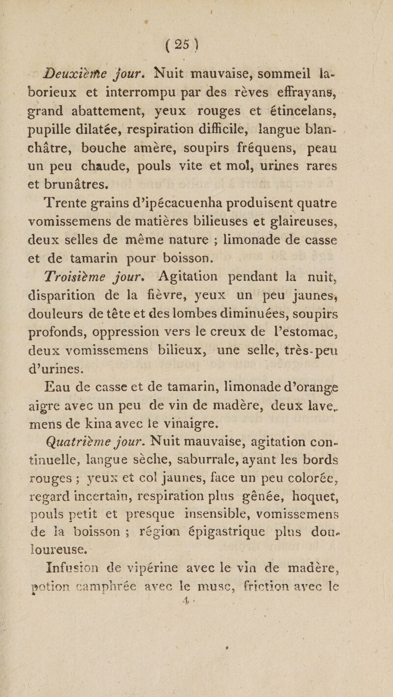 Deuxième jour. Nuit mauvaise, sommeil la- borieux et interrompu par des rèves effrayans, : grand abattement, yeux rouges et étincelans, pupille dilatée, respiration difficile, langue blan- chôtre, bouche amère, soupirs fréquens, peau un peu chaude, pouls vite et dr urines rares et brunûtres. Trente grains d’ipécacuenha bon quatre vomissemens de matières bilieuses et glaireuses, deux selles de même nature ; limonade de casse et de tamarin pour boisson. Troisième jour. Agitation pendant la nuit, disparition de la fièvre, yeux un peu jaunes, douleurs de tête et des lombes diminuées, soupirs profonds, oppression vers le creux de l’estomac, deux vomissemens bilieux, une selle, très- peu d’urines. : Eau de casse et de tamarin, limonade d’orange aigre avec un peu de vin de madère, deux lave. mens de kina avec le vinaigre. Quatrième jour. Nuit mauvaise, agitation con- tinuelle, langue sèche, saburrale, ayant les bords rouges ; yeux et co! jaunes, face un peu colorée, regard incertain, respiration plus gênée, hoquet, pouls petit et presque insensible, vomissemens de la boïsson ; région épigastrique plus dou. loureuse. | Infusion de vipérine avec le vin de madère, potion camphrée avec le muse, friction avec le À :