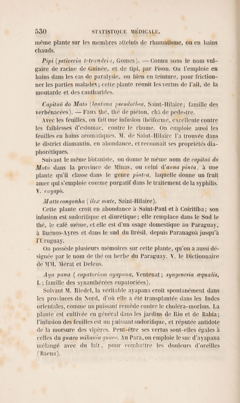 même plante sur les membres atteints de rhumatisme, ou en bains chauds. Pipi (peliveria trtrandriu, Gomes). —Connu sous le nom vul¬ gaire de racine de Guinée, et de tipi, par Pison. On l’emploie en bains dans les cas de paralysie, ou bien en teinture, pour friction¬ ner les parties malades; cette plante réunit les vertus de l’ail, de la moutarde et des cantharides. Capitaô do Mato (lanterna psendolhea, Saint-Hilaire; famille des verbénacées). — Faux thé, thé de piéton, ch à de pedestre. Avec les feuilles, on fait une infusion théiforme, excellente contre les faiblesses d’estomac, contre le rhume. On emploie aussi les feuilles en bains aromatiques. M. de Saint-Hilaire l’a trouvée dans le district diamantin, en abondance, et reconnaît ses propriétés dia¬ phoniques. Suivant le même botaniste, on donne le même nom de capitaô do Mato dans la province de Minas, ou celui iVanna pinta, à une plante qu’il classe dans le genre pintea, laquelle donne un fruit amer qui s’emploie comme purgatif dans le traitement delà syphilis. V. cayapo. Mattecongonha (ileæ mate, Saint-Hilaire). Cette plante croît en abondance à Saint-Paul et à Coiritiba; son infusion est sudoritique et diurétique; elle remplace dans le Sud le thé, le café même, et elle est d’un usage domestique au Paraguay, à Buénos-Ayres et dans le sud du Brésil, depuis Paranagoà jusqu’à l’Oruguay. On possède plusieurs mémoires sur cette plante, qu’on a aussi dé¬ signée par le nom de thé ou herbe du Paraguay. Y. le Dictionnaire de MM. Mérat et Delcns. Aya pana ( eupatorinm ayapana, Ventenat ; syngenesia œquaiis, L ; famille des synanthérées eupatoriées). Suivant M. Riedel, la véritable ayapana croît spontanément dans les provinces du .Nord, d’où elle a été transplantée dans les Indes orientales, comme un puissant remède contre le choléra-morbus. La plante est cultivée en général dans les jardins de Rio et de Bahia; l’infusion des feuilles est un puissant sudorifique, et réputée antidote de la morsure des vipères. Peut-être ses vertus sont-elles égales à celles du guaco mihania guacn. Au Para, on emploie le suc d’ayapana mélangé avec du lait, pour combattre les douleurs d’oreilles ( Baena).